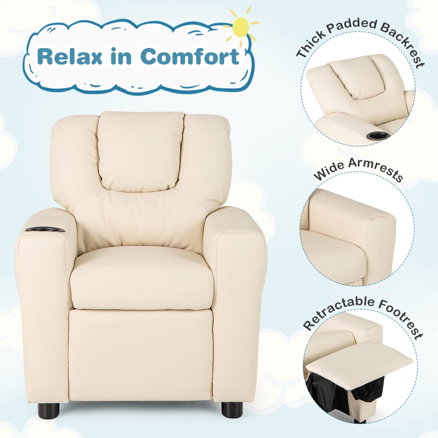 Kids Recliner Chair PU Leather Push Back Toddler Recliner with Cup Holder and Side Pocket-Beige Kids Crystal