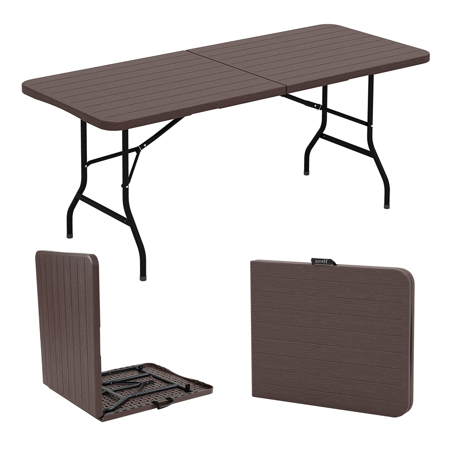 6 Feet Folding Table with Wood Grain HDPE Tabletop and Safe Lock Mechanism-Brown Kids Crystal