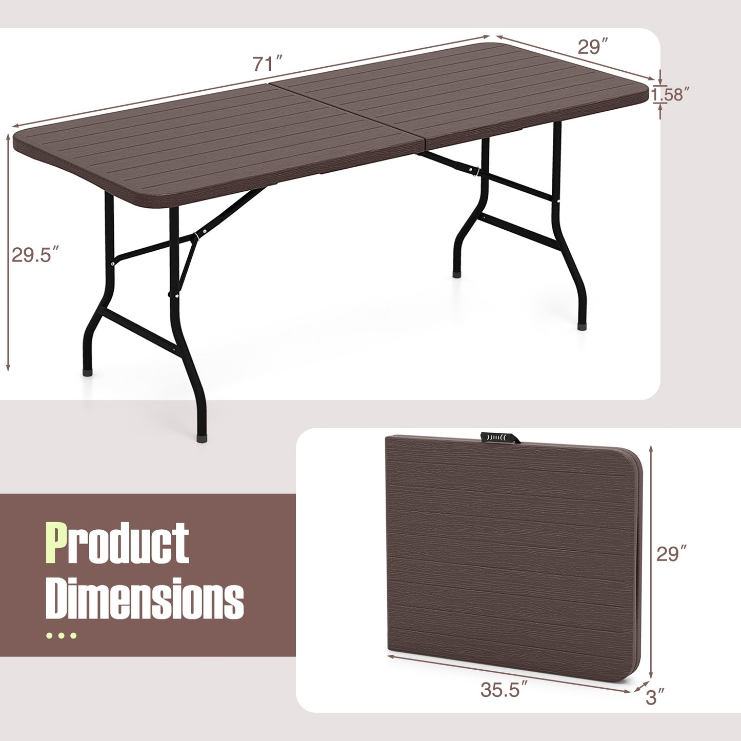 6 Feet Folding Table with Wood Grain HDPE Tabletop and Safe Lock Mechanism-Brown Kids Crystal