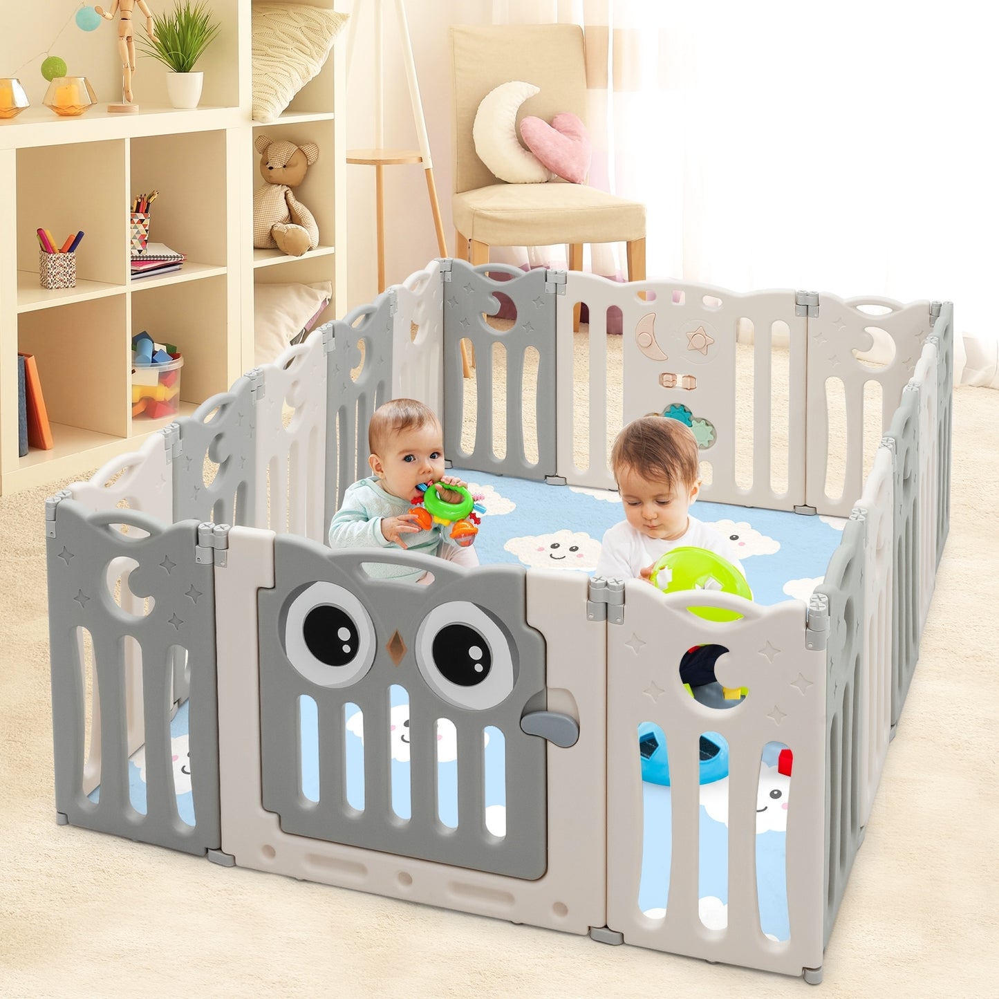 16-Panel Baby Activity Center Play Yard with Lock Door -Beige Kids Crystal