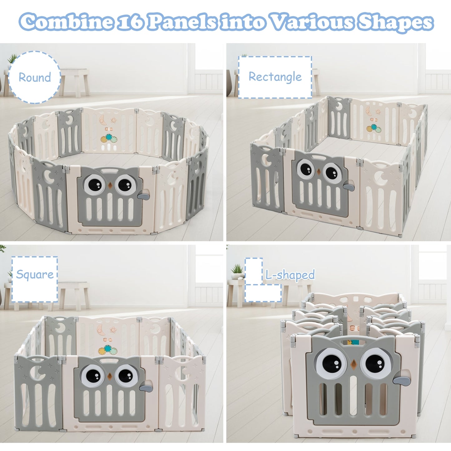 16-Panel Baby Activity Center Play Yard with Lock Door -Beige Kids Crystal