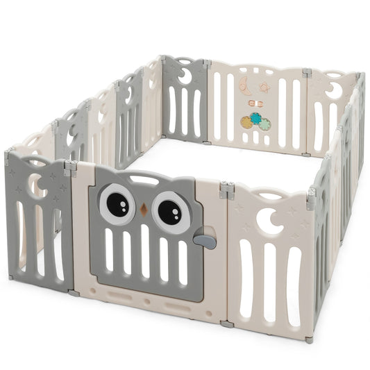 16-Panel Baby Activity Center Play Yard with Lock Door -Beige Kids Crystal
