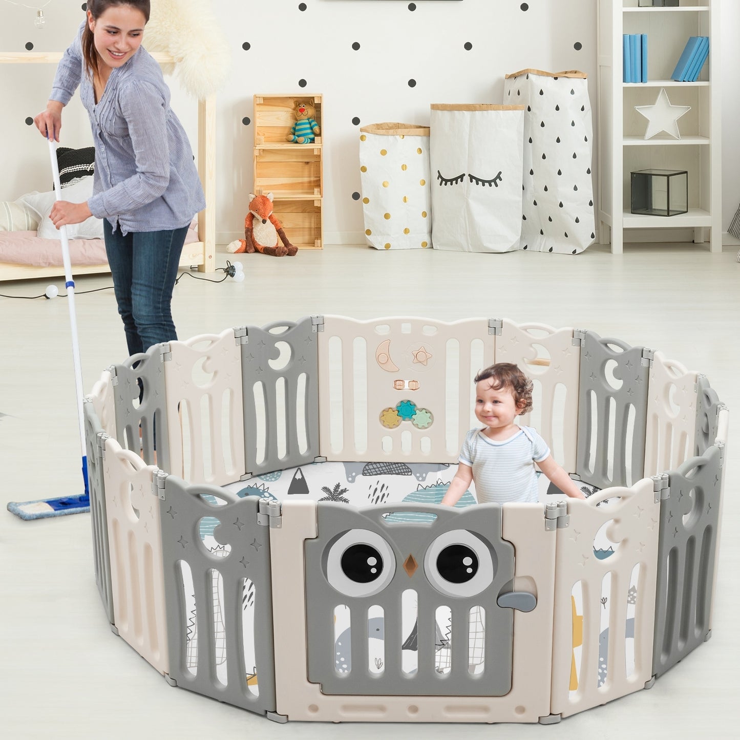 16-Panel Baby Activity Center Play Yard with Lock Door -Beige Kids Crystal