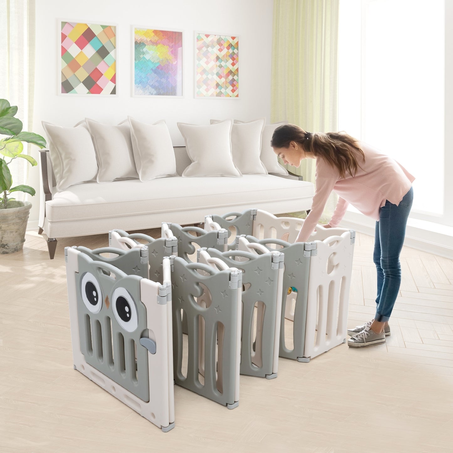 16-Panel Baby Activity Center Play Yard with Lock Door -Beige Kids Crystal