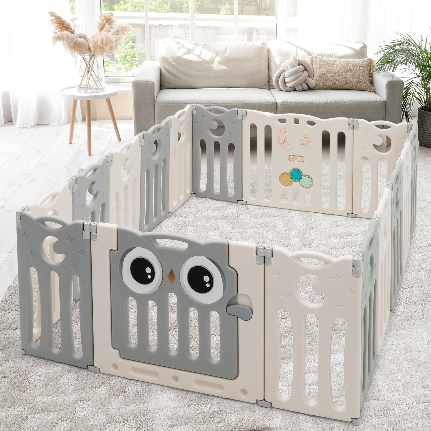 16-Panel Baby Activity Center Play Yard with Lock Door -Beige Kids Crystal