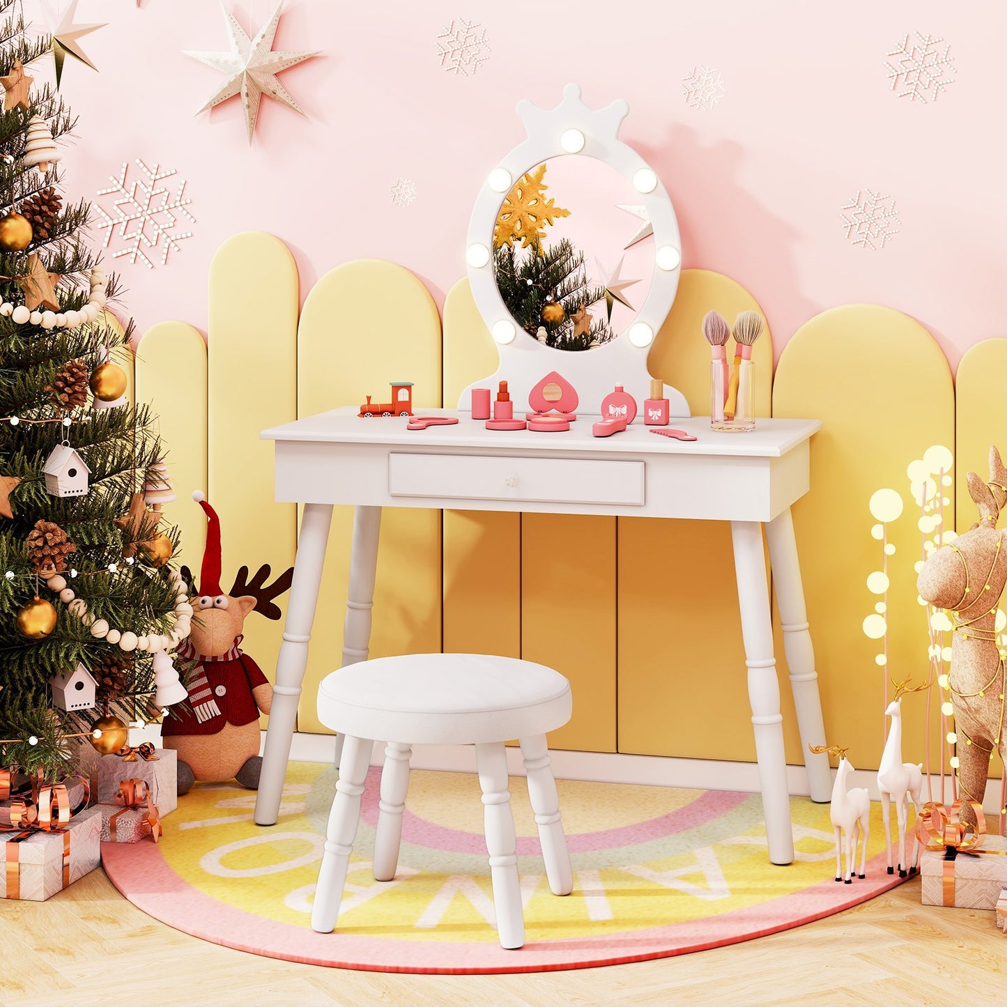 Kids Vanity Set with Lighted Mirror with Adjustable Brightness and Large Drawer-White Kids Crystal