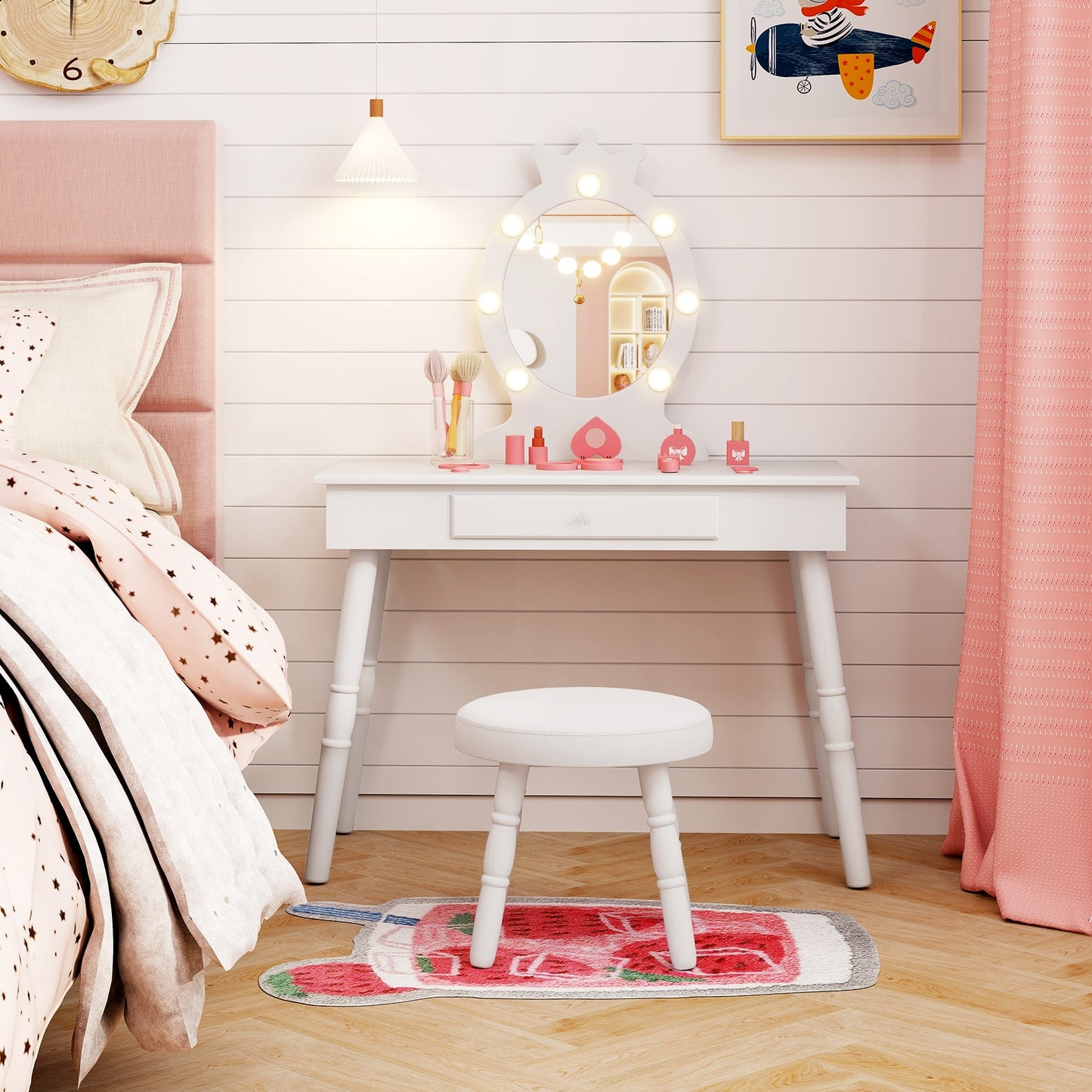 Kids Vanity Set with Lighted Mirror with Adjustable Brightness and Large Drawer-White Kids Crystal
