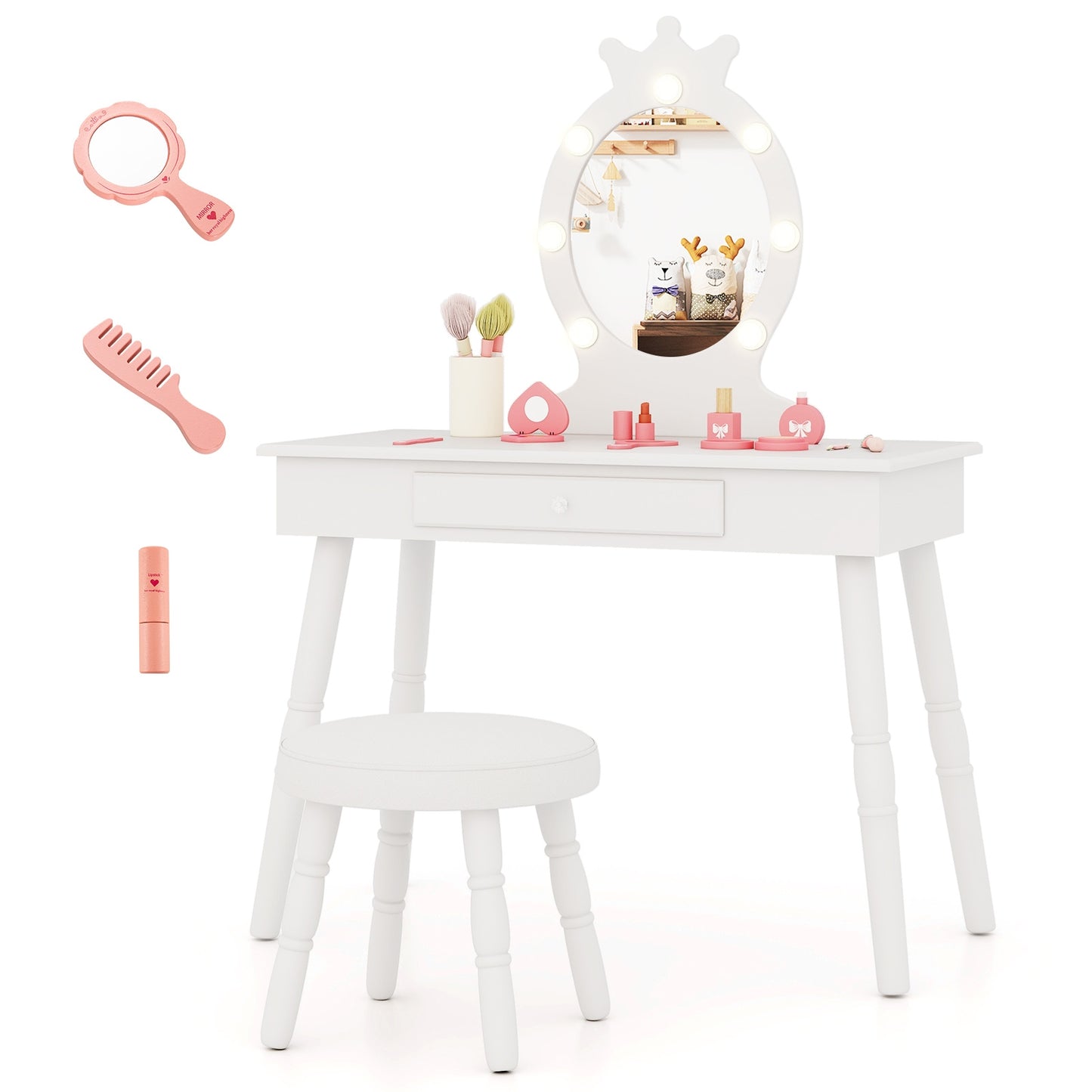 Kids Vanity Set with Lighted Mirror with Adjustable Brightness and Large Drawer-White Kids Crystal