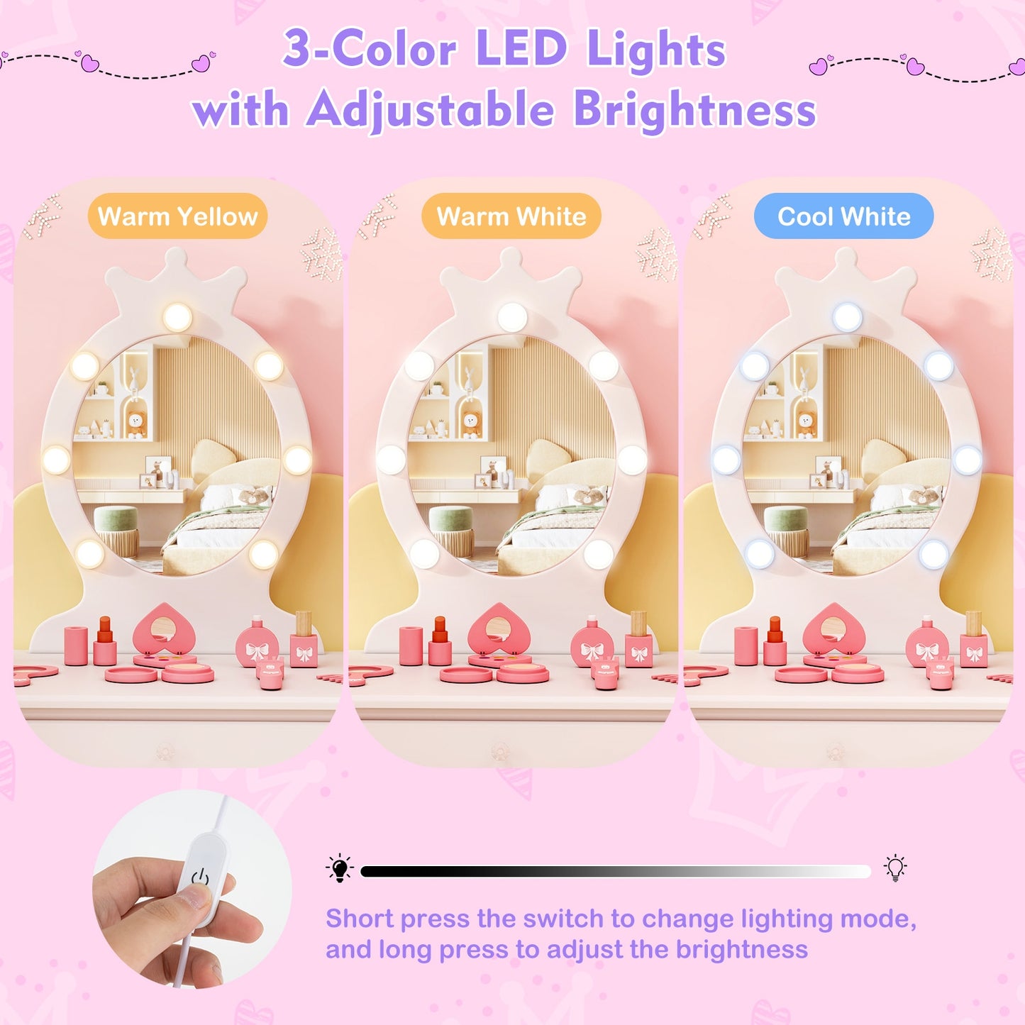 Kids Vanity Set with Lighted Mirror with Adjustable Brightness and Large Drawer-White Kids Crystal