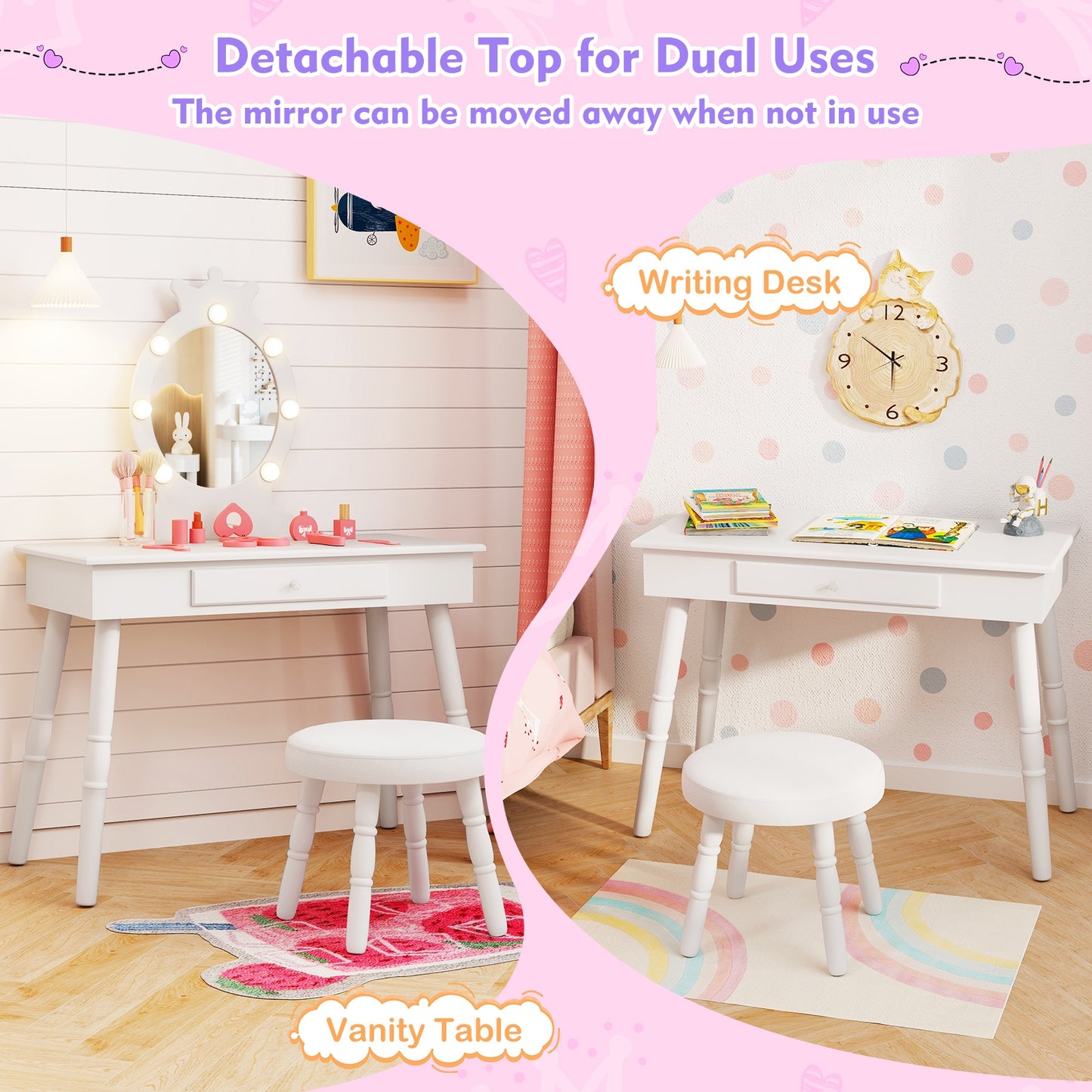 Kids Vanity Set with Lighted Mirror with Adjustable Brightness and Large Drawer-White Kids Crystal