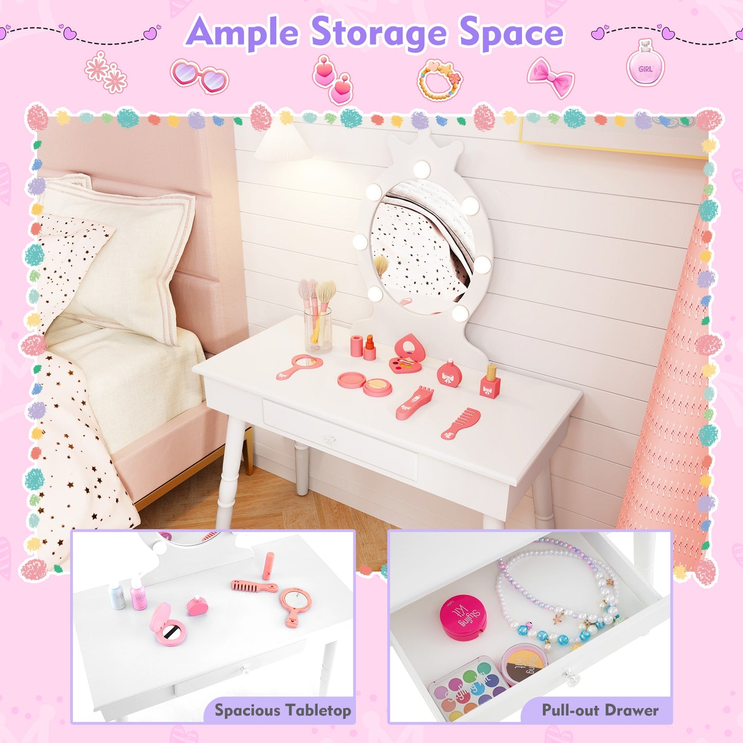 Kids Vanity Set with Lighted Mirror with Adjustable Brightness and Large Drawer-White Kids Crystal