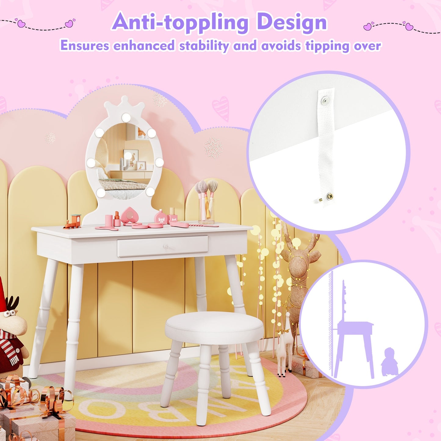 Kids Vanity Set with Lighted Mirror with Adjustable Brightness and Large Drawer-White Kids Crystal