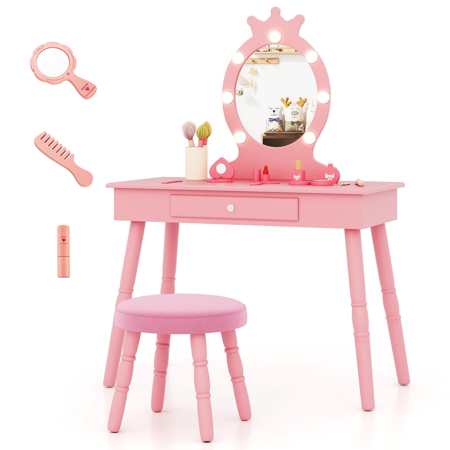 Kids Vanity Set with Lighted Mirror with Adjustable Brightness and Large Drawer-Pink Kids Crystal