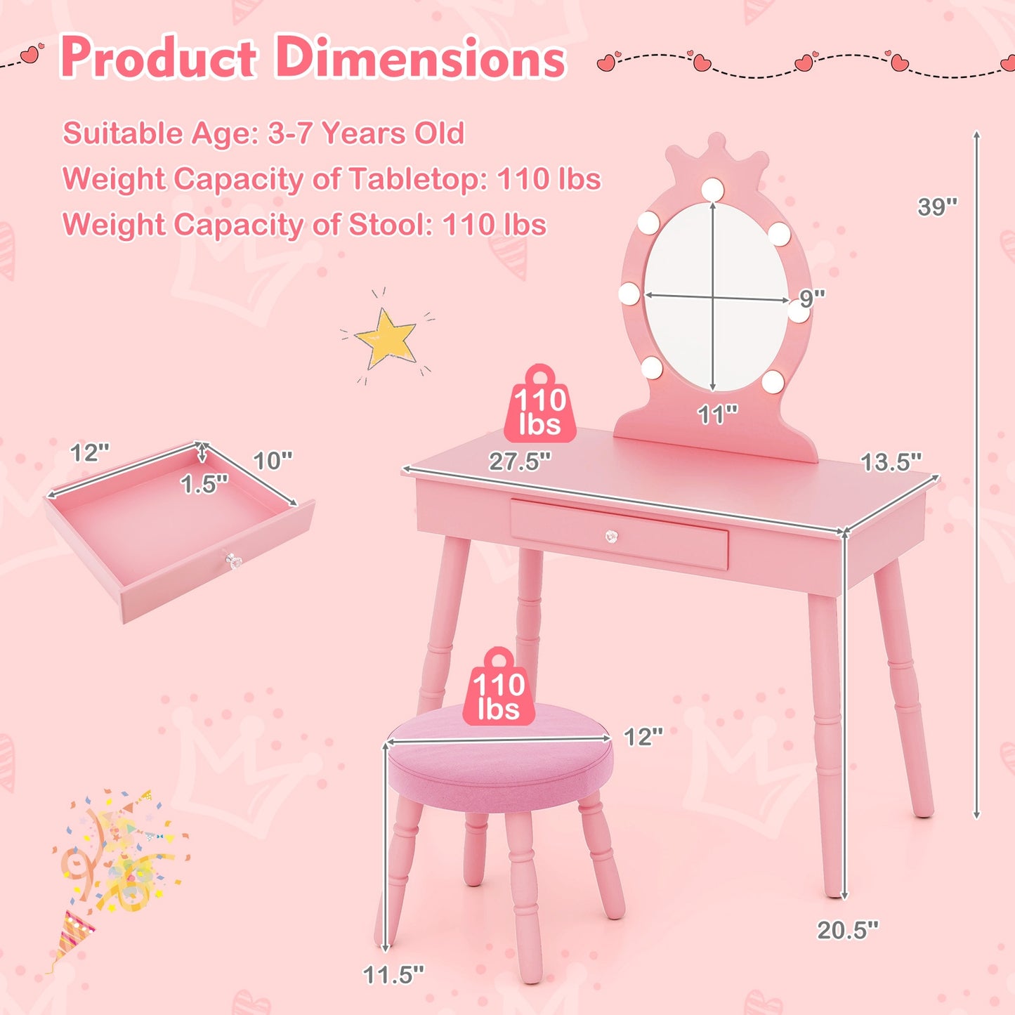 Kids Vanity Set with Lighted Mirror with Adjustable Brightness and Large Drawer-Pink Kids Crystal