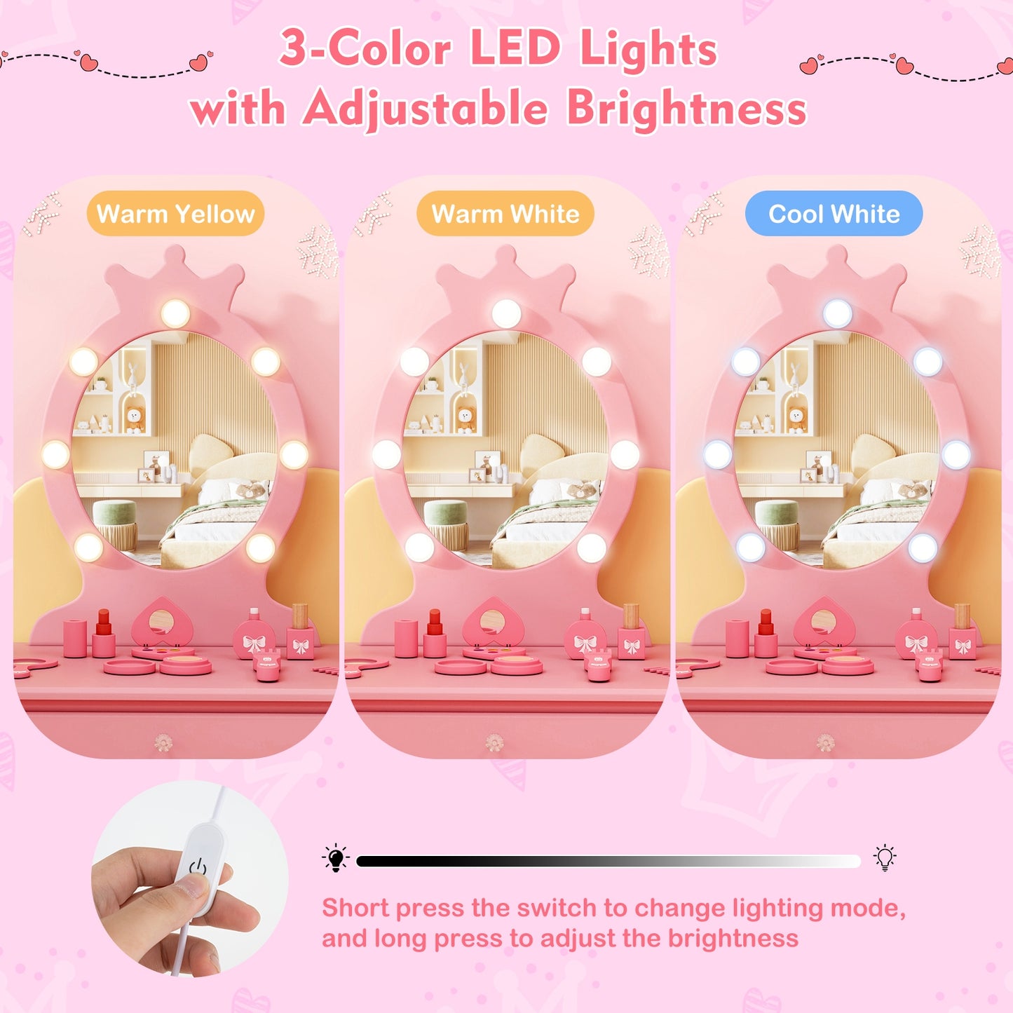 Kids Vanity Set with Lighted Mirror with Adjustable Brightness and Large Drawer-Pink Kids Crystal
