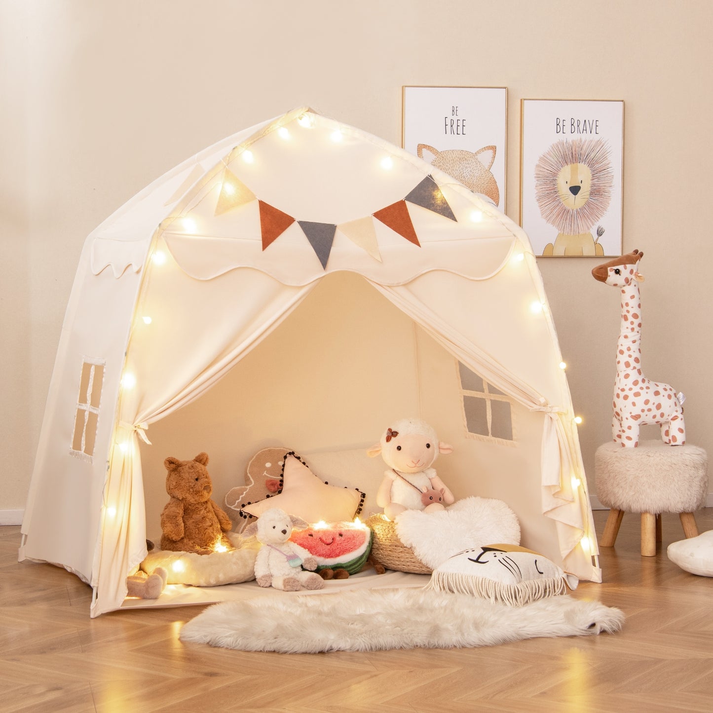 Kids Play Tent Bed Tent with String Lights Extra Large Playhouse Tent-Beige Kids Crystal