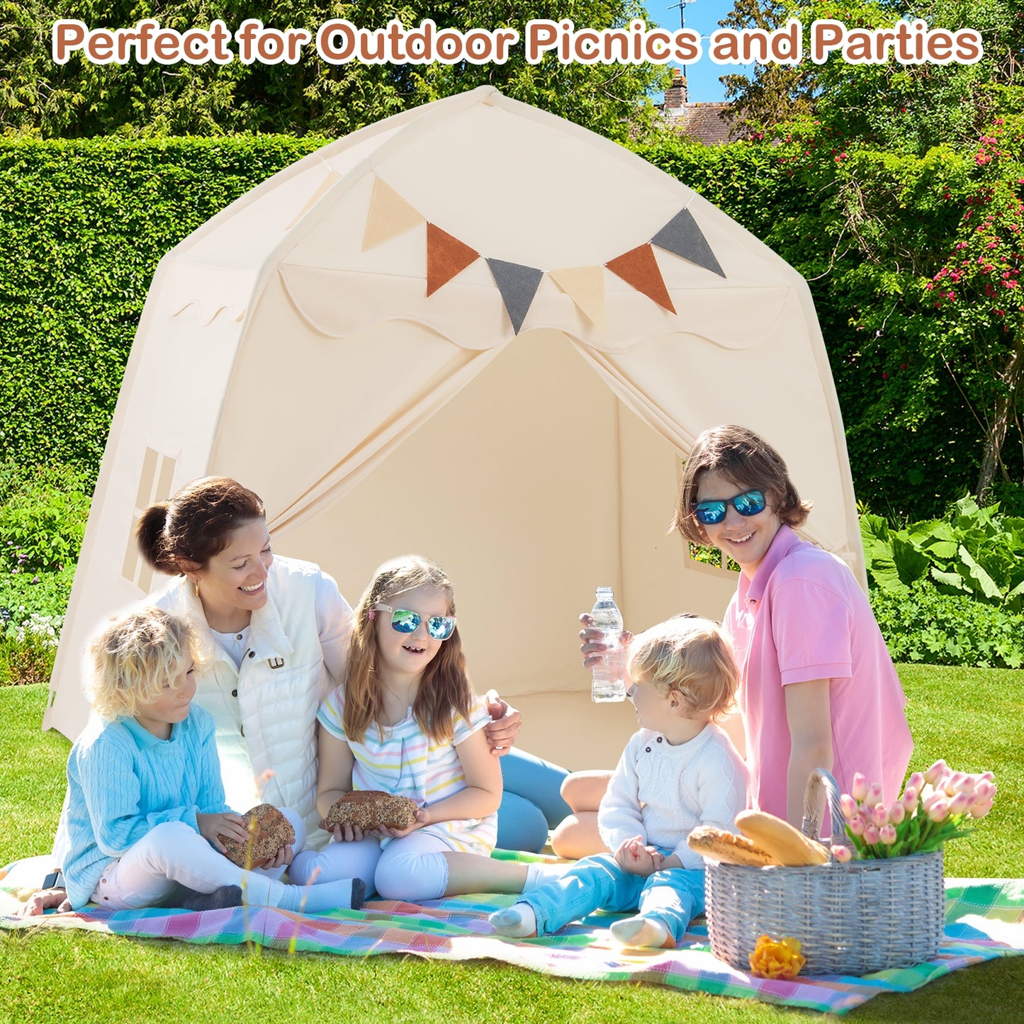 Kids Play Tent Bed Tent with String Lights Extra Large Playhouse Tent-Beige Kids Crystal