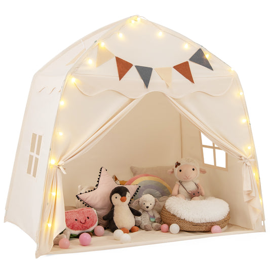 Kids Play Tent Bed Tent with String Lights Extra Large Playhouse Tent-Beige Kids Crystal