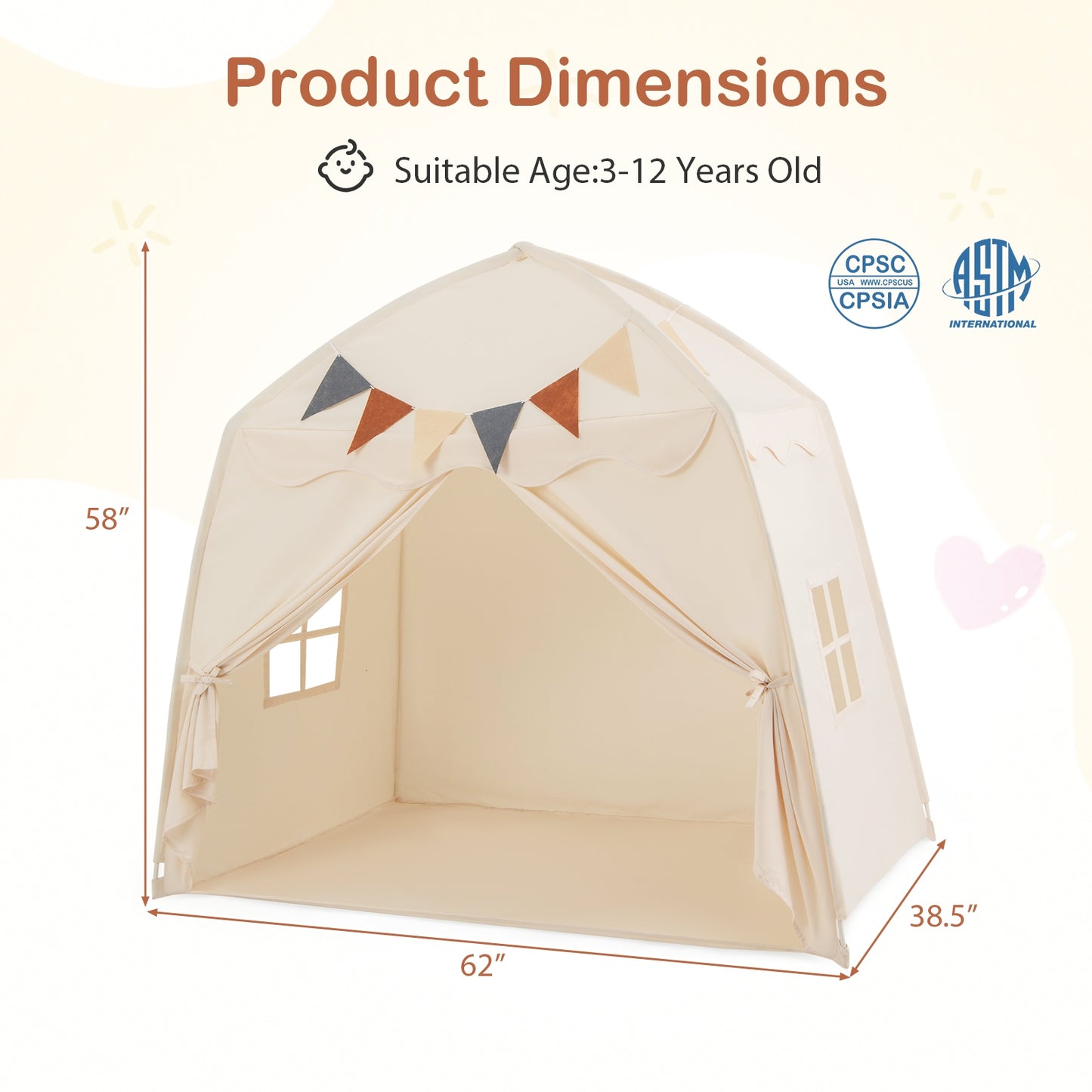 Kids Play Tent Bed Tent with String Lights Extra Large Playhouse Tent-Beige Kids Crystal