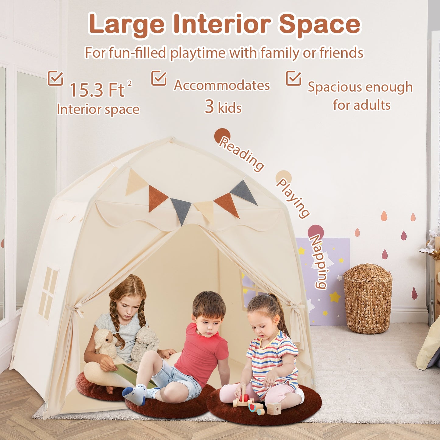 Kids Play Tent Bed Tent with String Lights Extra Large Playhouse Tent-Beige Kids Crystal