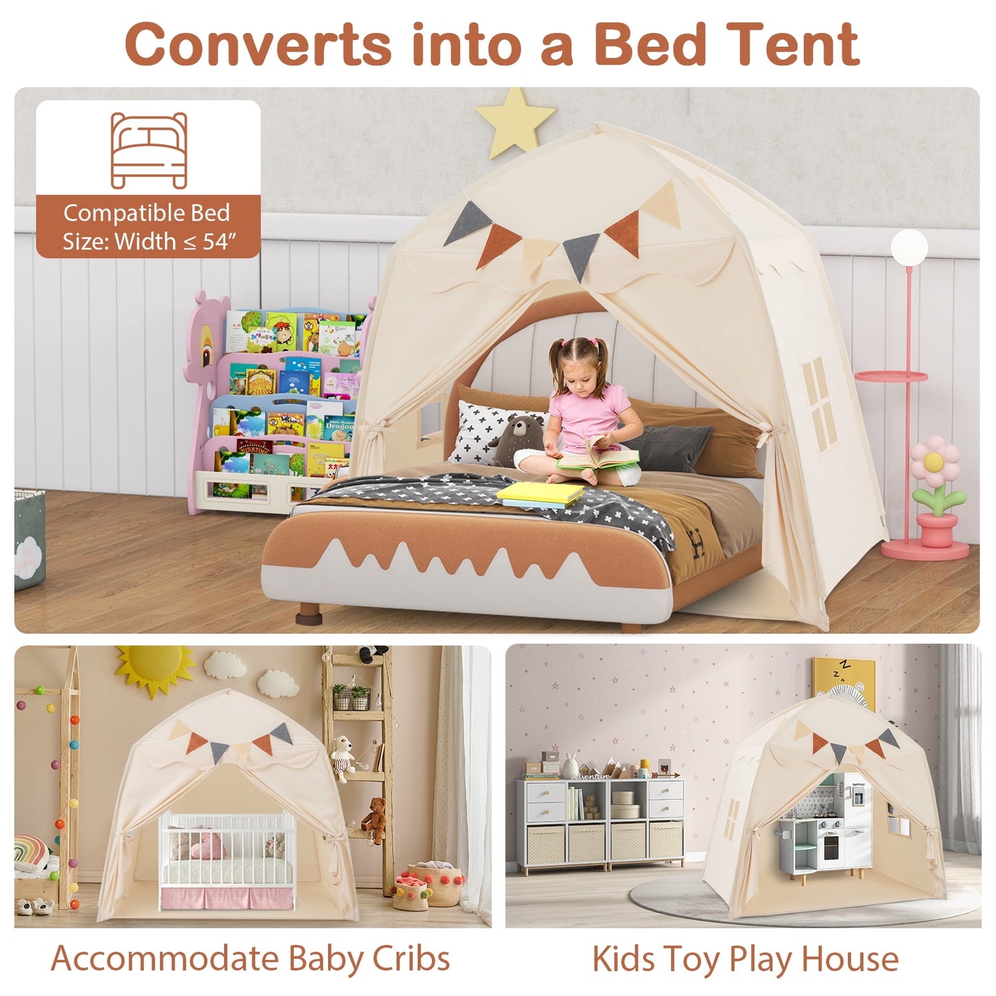 Kids Play Tent Bed Tent with String Lights Extra Large Playhouse Tent-Beige Kids Crystal