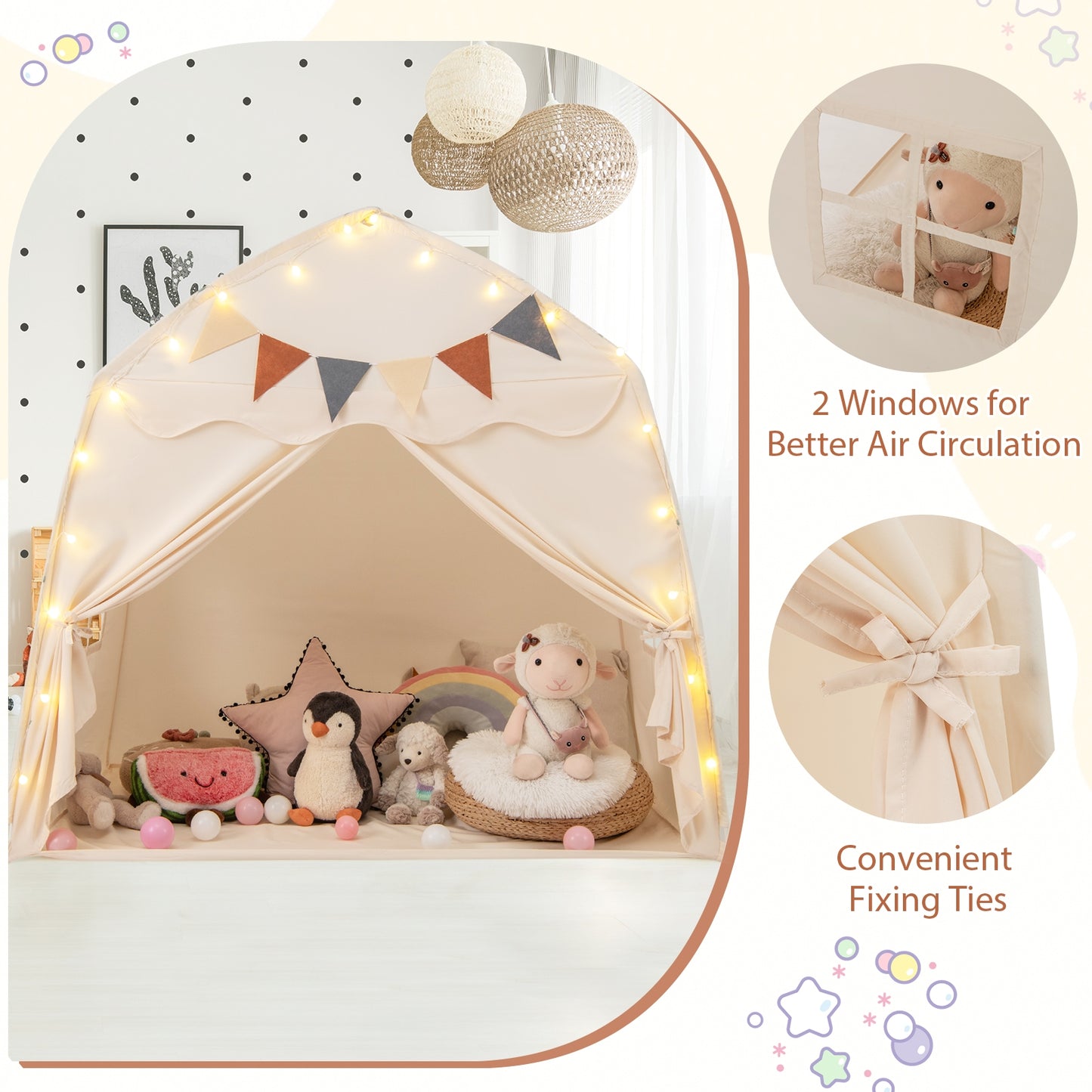 Kids Play Tent Bed Tent with String Lights Extra Large Playhouse Tent-Beige Kids Crystal