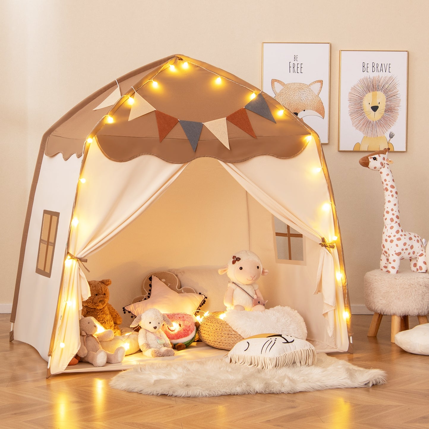 Kids Play Tent Bed Tent with String Lights Extra Large Playhouse Tent-Coffee Kids Crystal