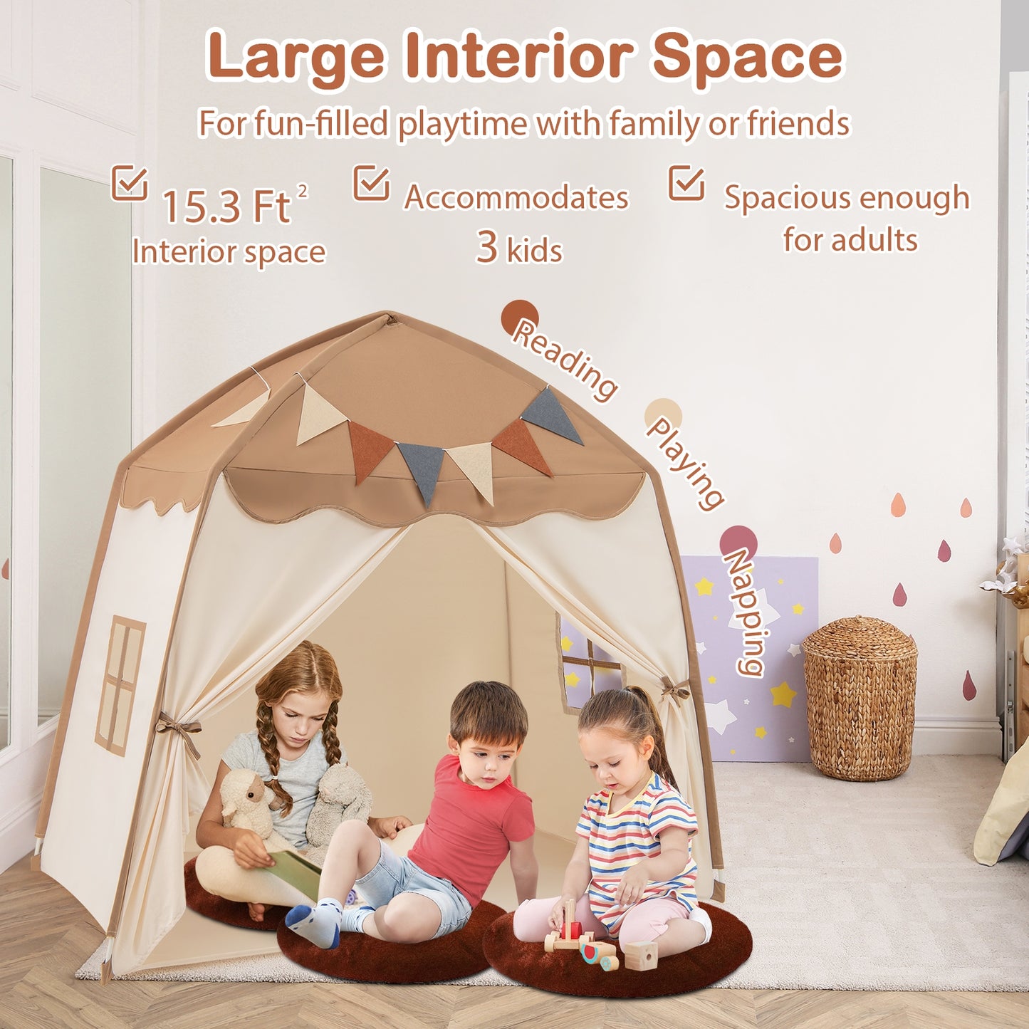 Kids Play Tent Bed Tent with String Lights Extra Large Playhouse Tent-Coffee Kids Crystal