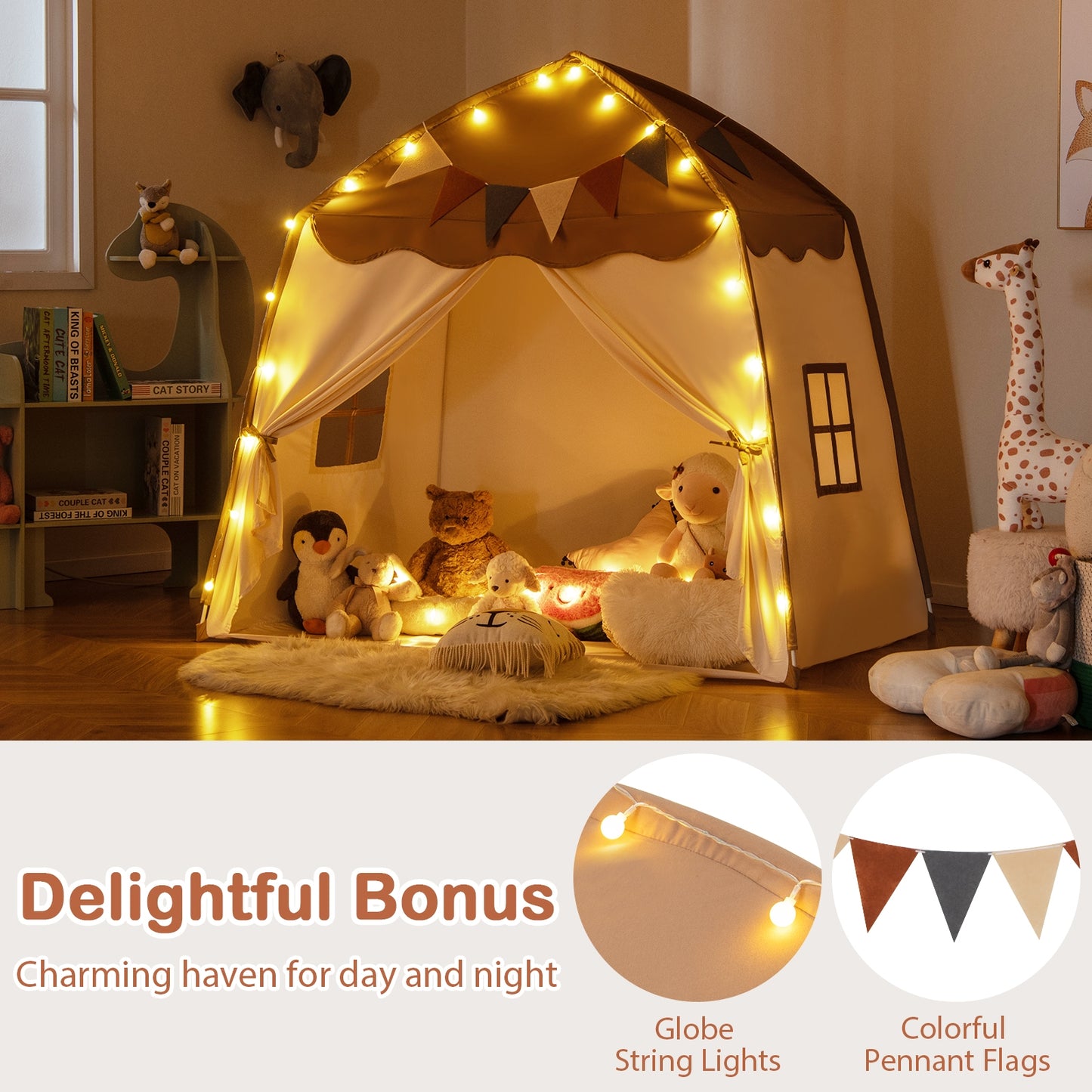 Kids Play Tent Bed Tent with String Lights Extra Large Playhouse Tent-Coffee Kids Crystal