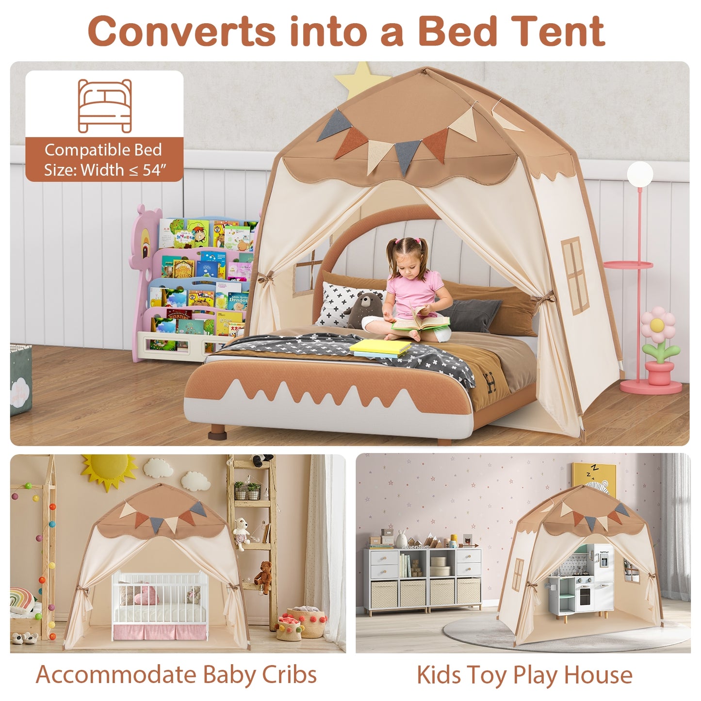 Kids Play Tent Bed Tent with String Lights Extra Large Playhouse Tent-Coffee Kids Crystal