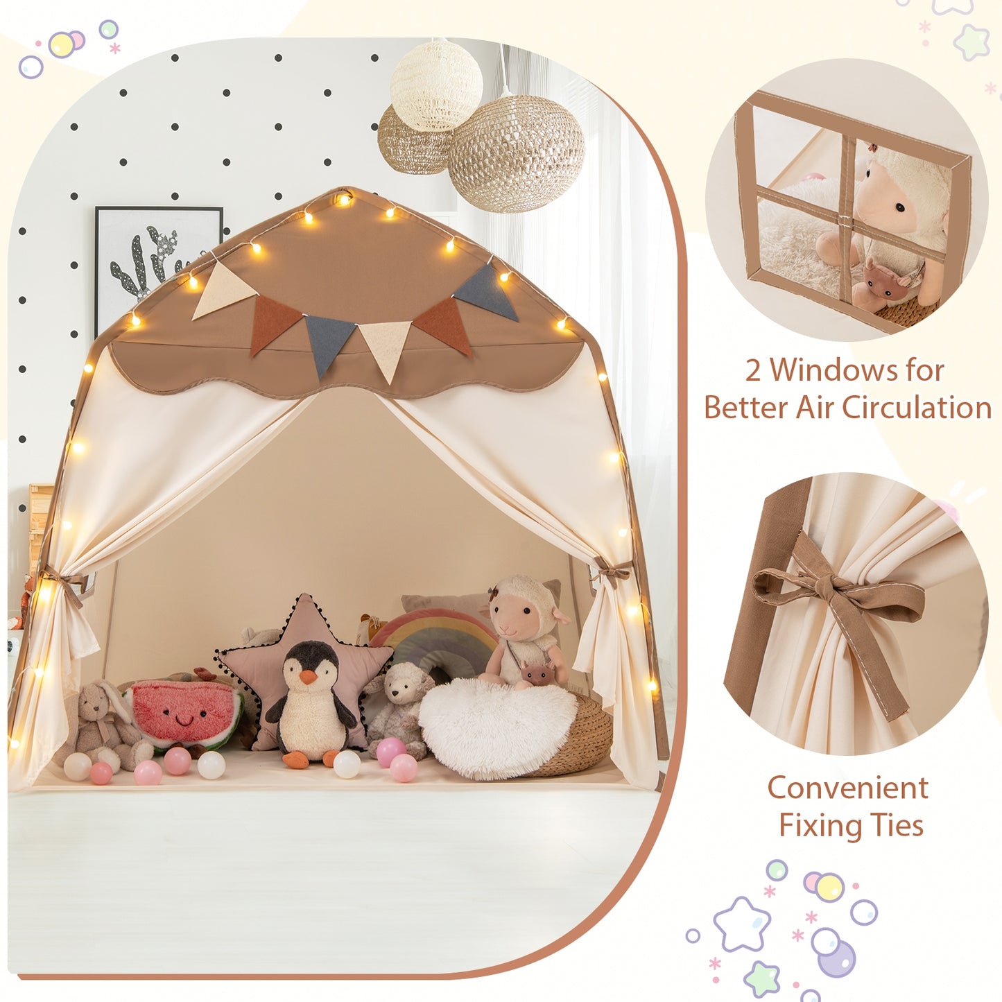 Kids Play Tent Bed Tent with String Lights Extra Large Playhouse Tent-Coffee Kids Crystal