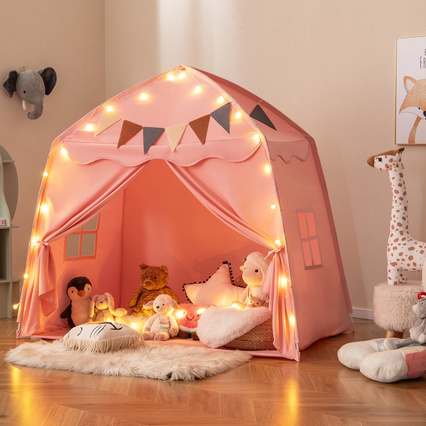 Kids Play Tent Bed Tent with String Lights Extra Large Playhouse Tent-Pink Kids Crystal