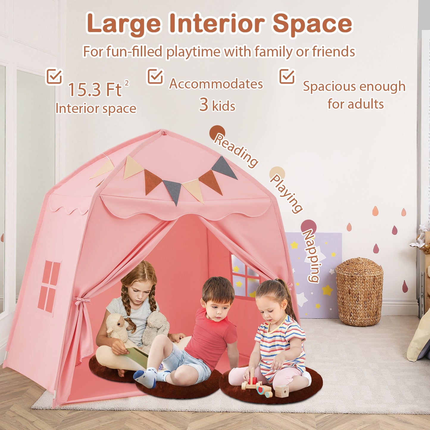 Kids Play Tent Bed Tent with String Lights Extra Large Playhouse Tent-Pink Kids Crystal