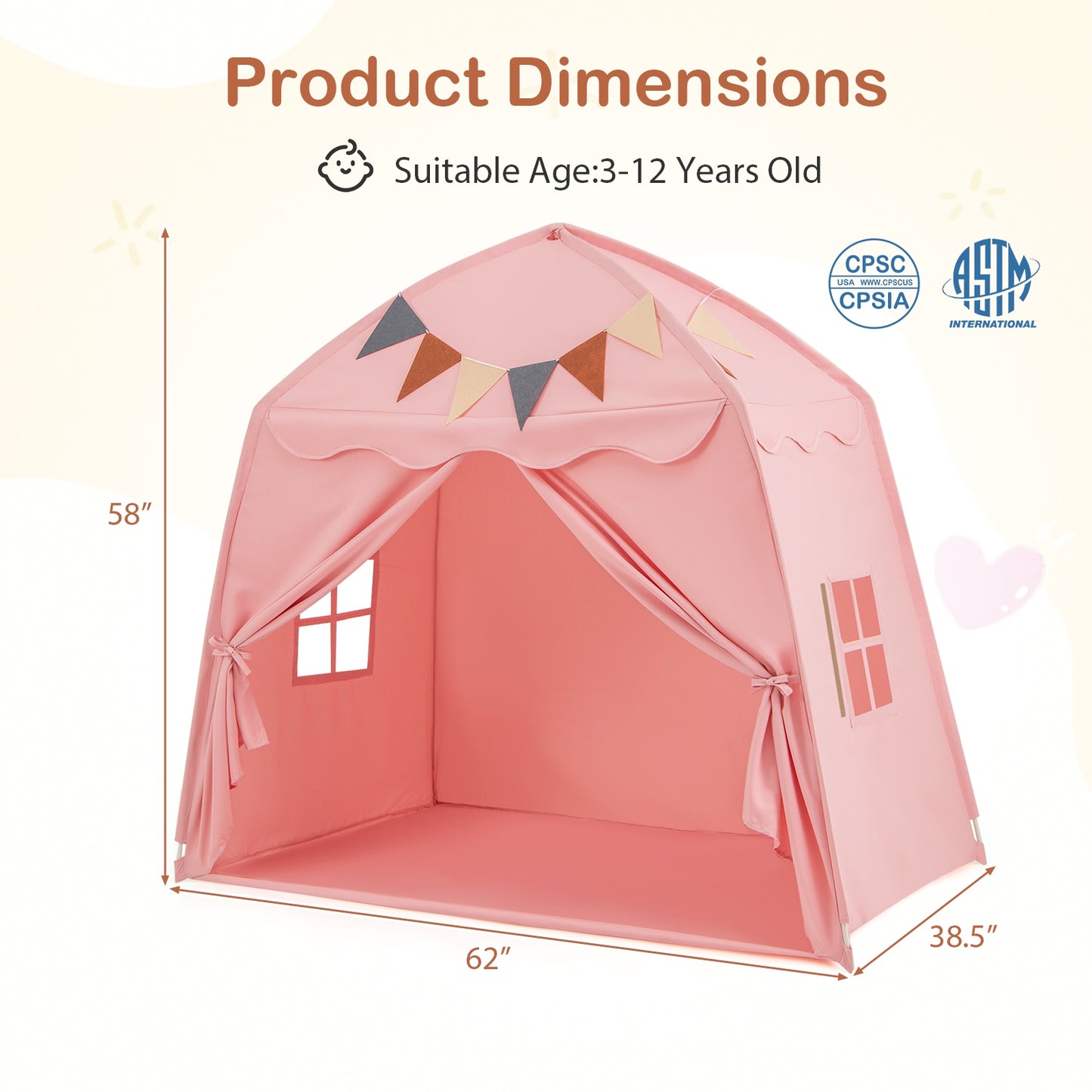 Kids Play Tent Bed Tent with String Lights Extra Large Playhouse Tent-Pink Kids Crystal