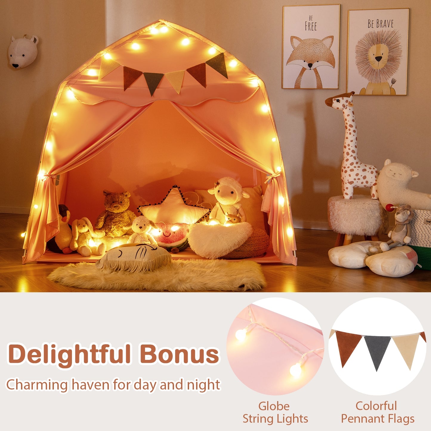 Kids Play Tent Bed Tent with String Lights Extra Large Playhouse Tent-Pink Kids Crystal