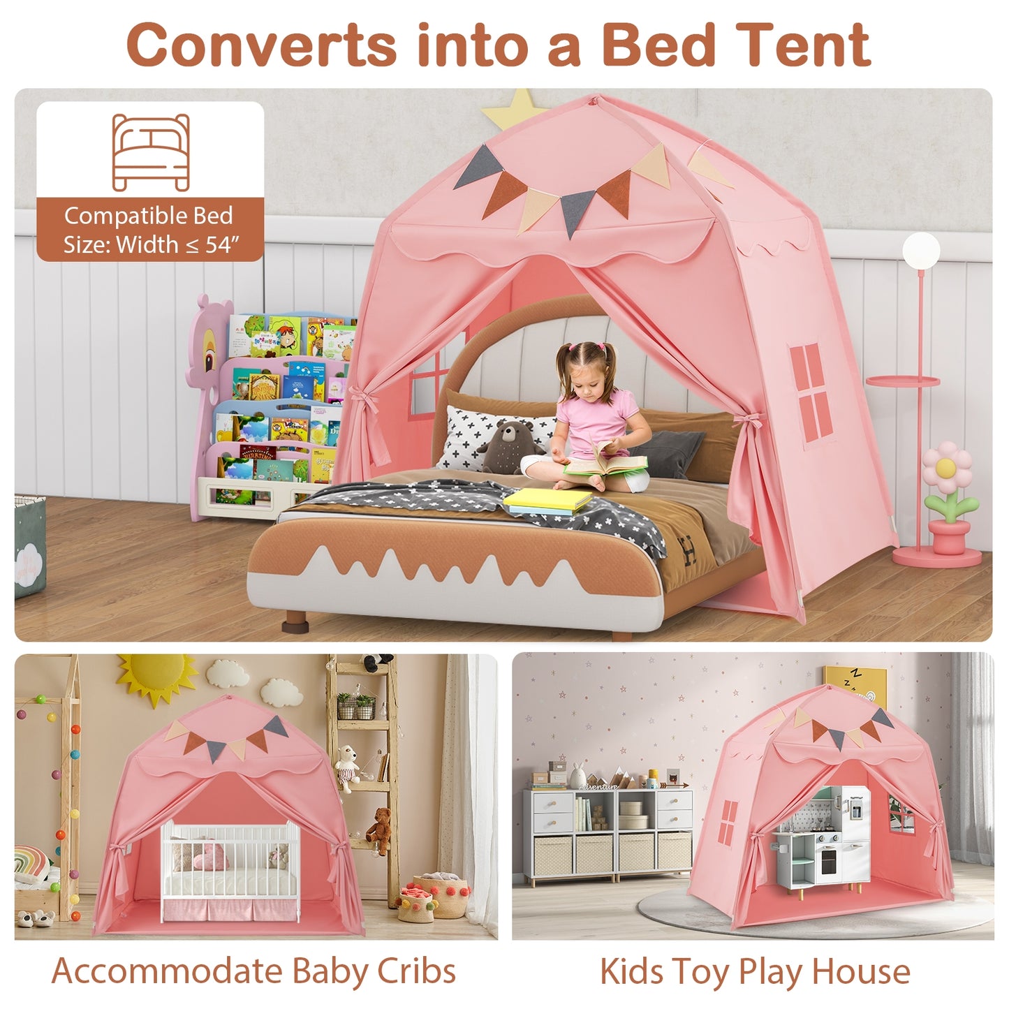 Kids Play Tent Bed Tent with String Lights Extra Large Playhouse Tent-Pink Kids Crystal