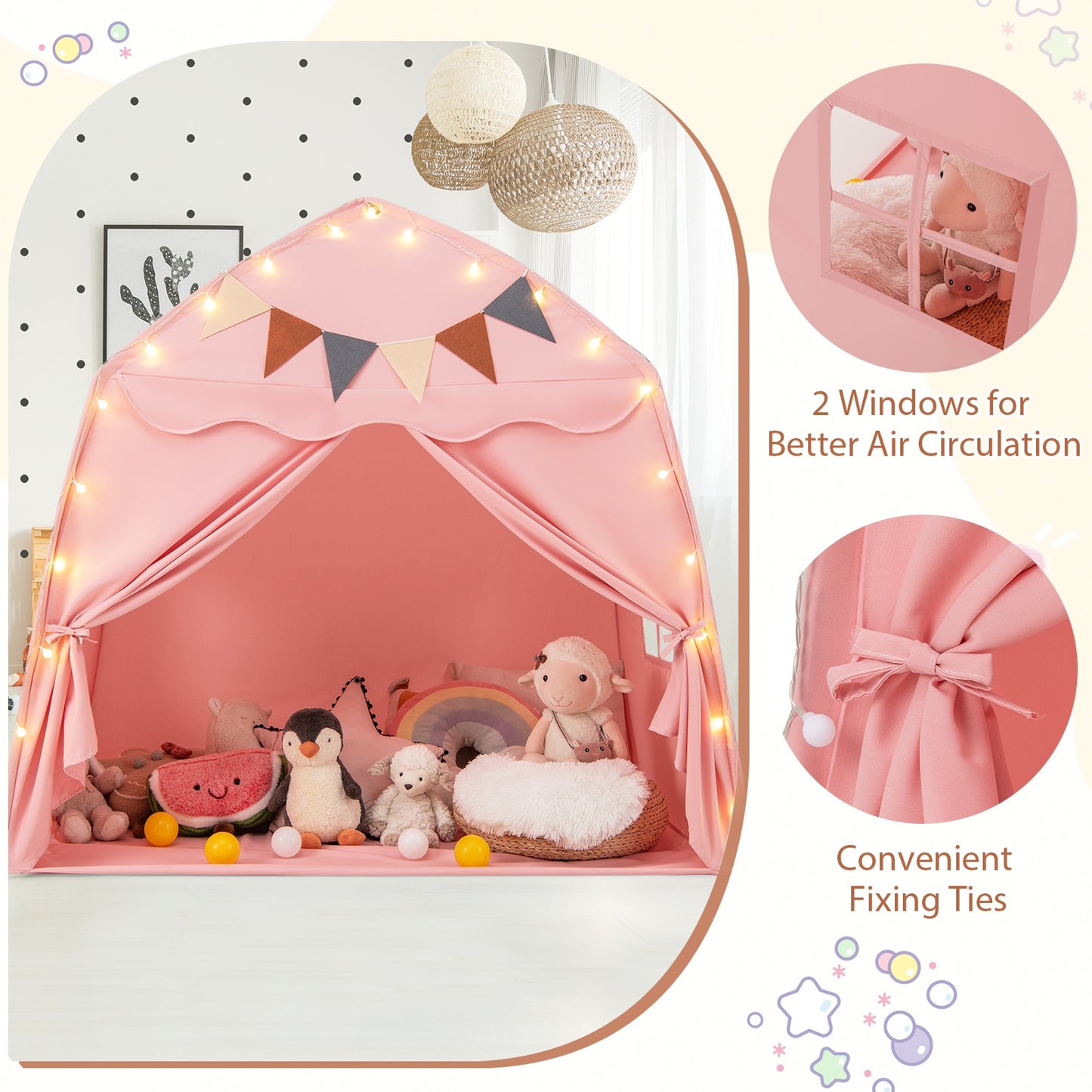 Kids Play Tent Bed Tent with String Lights Extra Large Playhouse Tent-Pink Kids Crystal