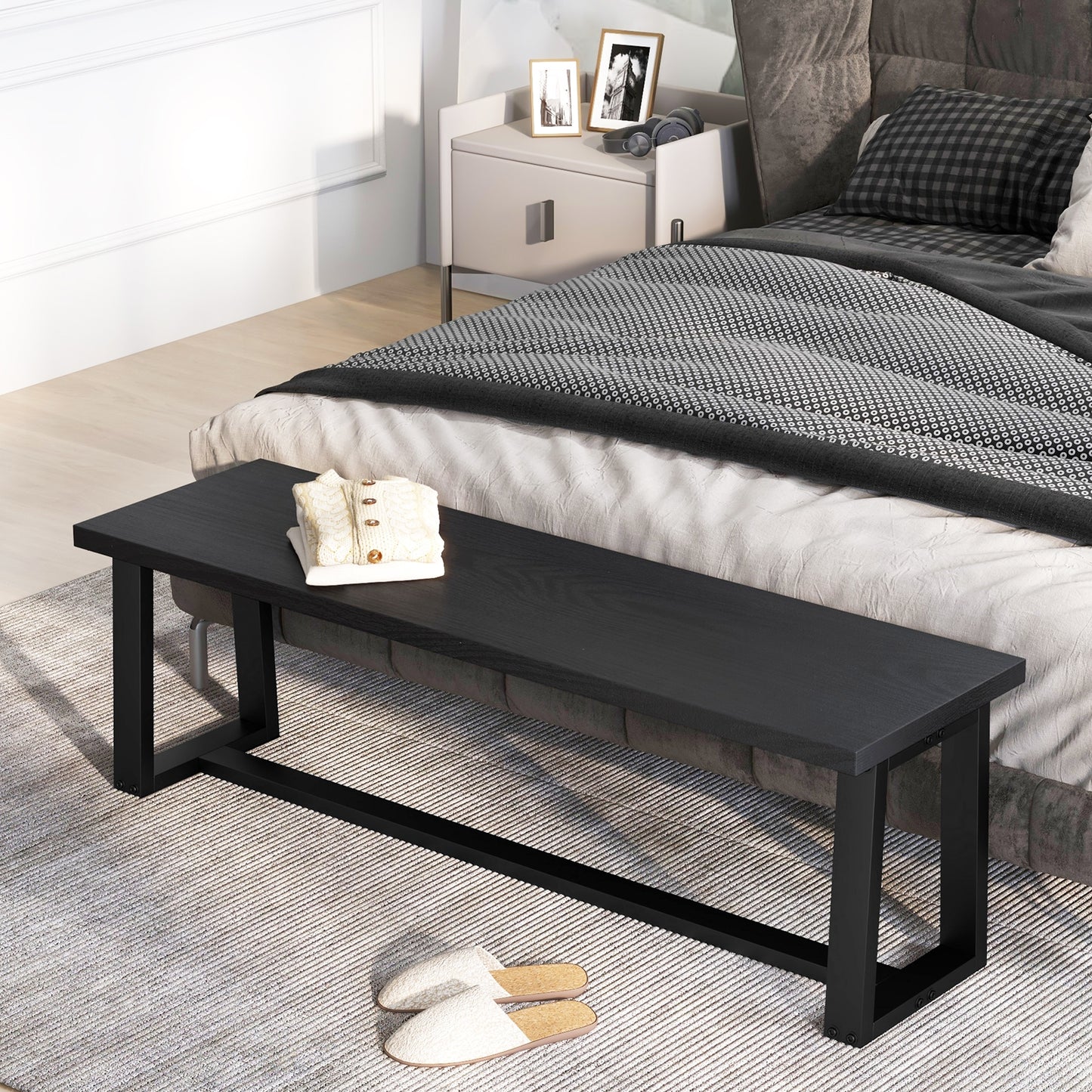 Wood Dining Bench with Metal Frame and Adjustable Footpads-Black Kids Crystal