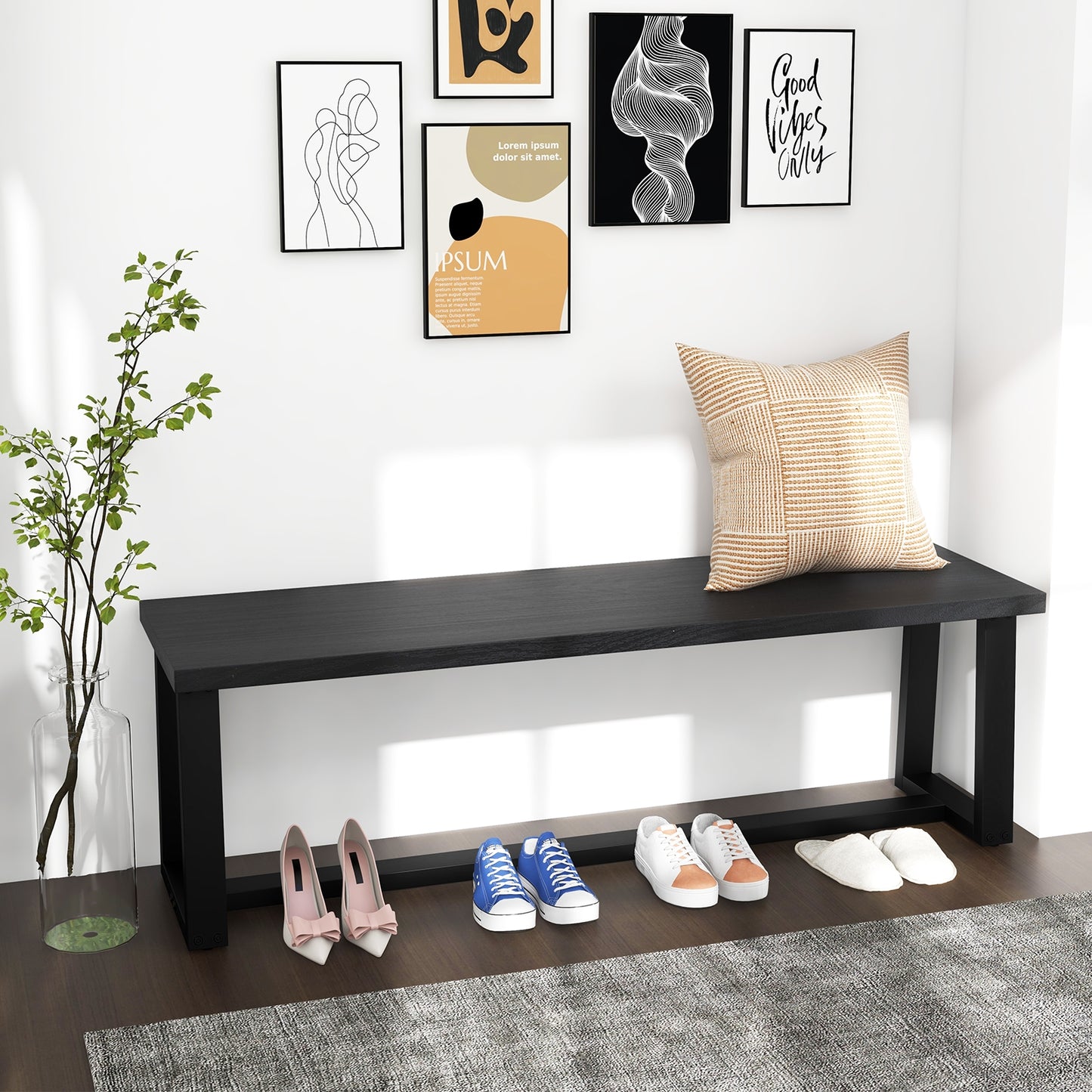 Wood Dining Bench with Metal Frame and Adjustable Footpads-Black Kids Crystal