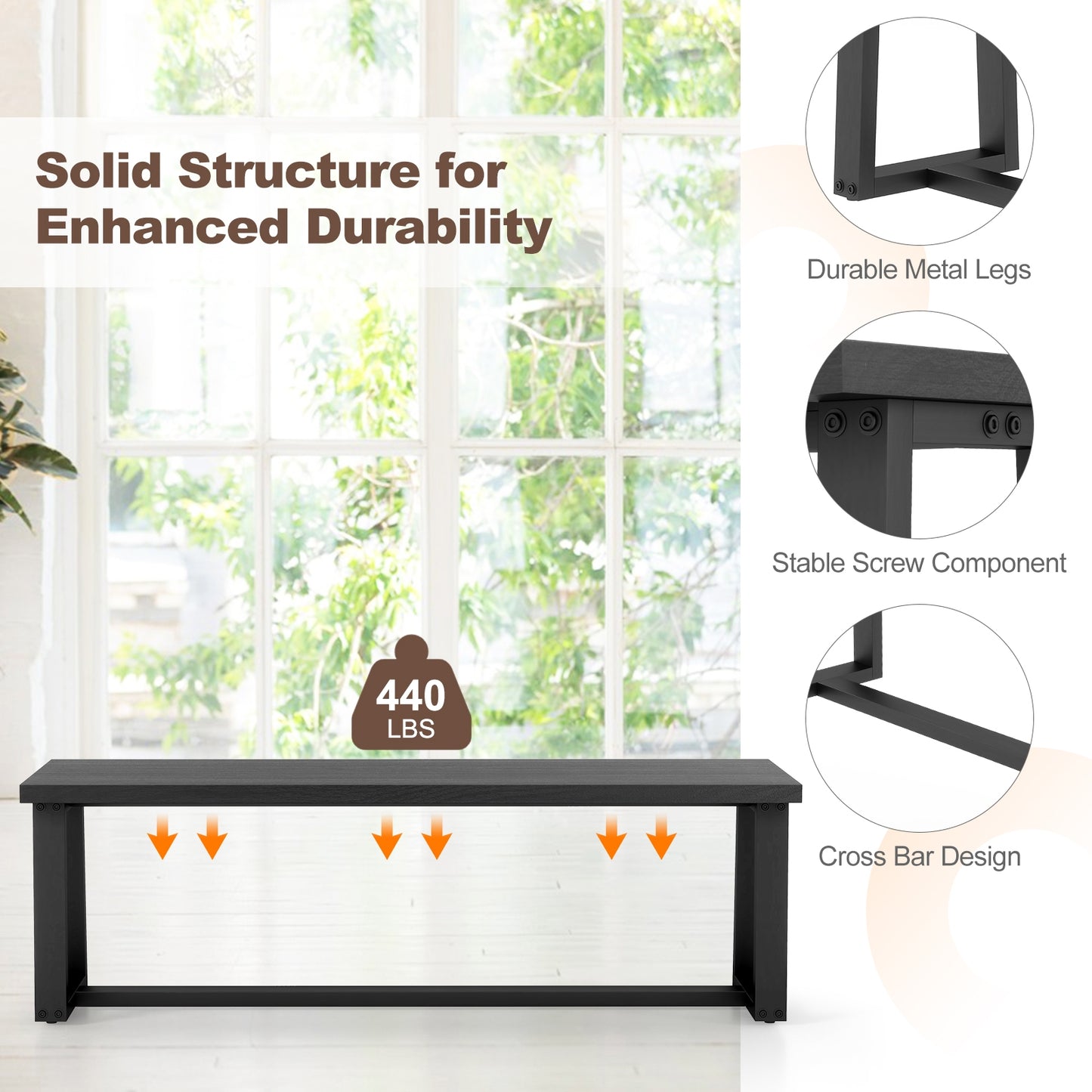 Wood Dining Bench with Metal Frame and Adjustable Footpads-Black Kids Crystal