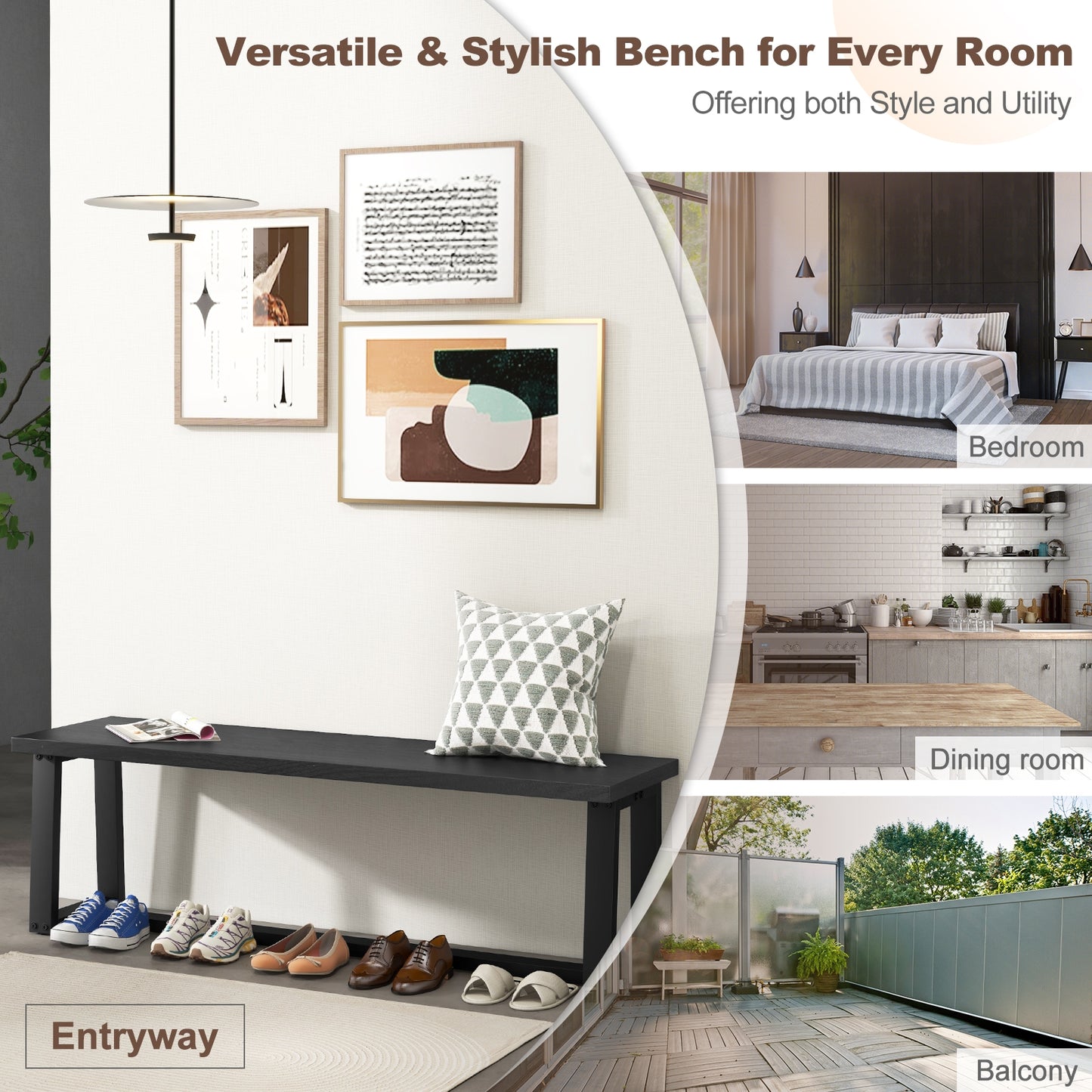 Wood Dining Bench with Metal Frame and Adjustable Footpads-Black Kids Crystal