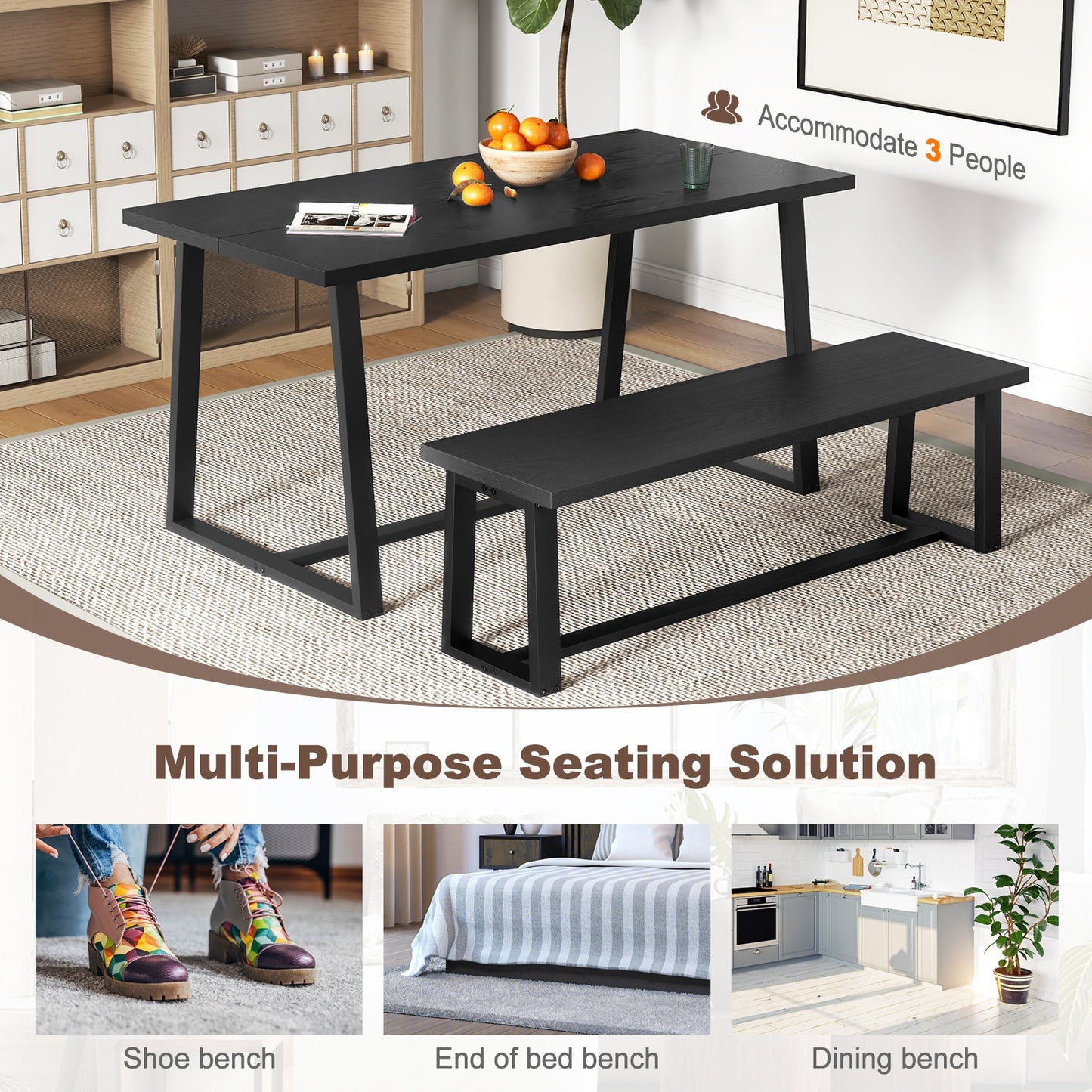 Wood Dining Bench with Metal Frame and Adjustable Footpads-Black Kids Crystal