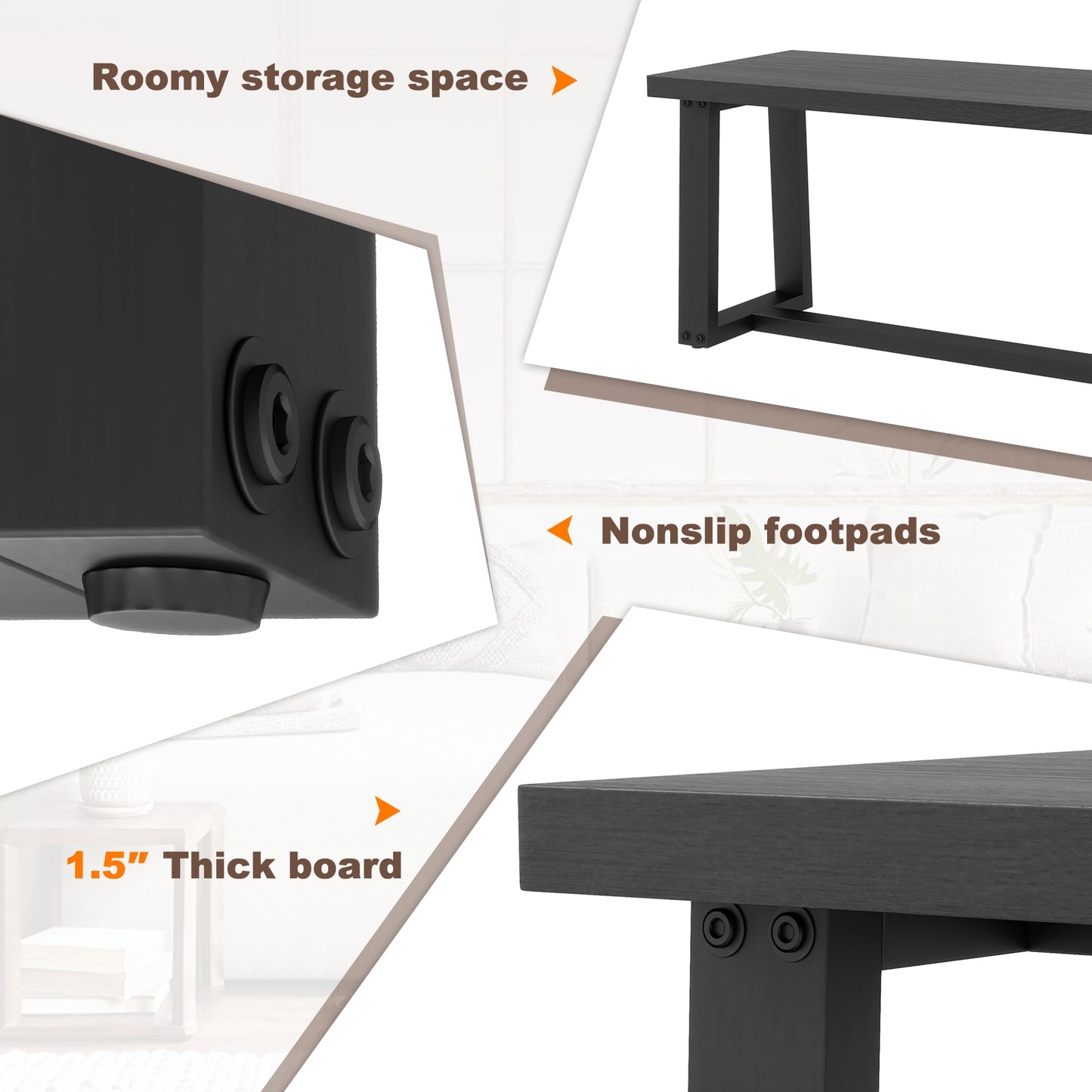 Wood Dining Bench with Metal Frame and Adjustable Footpads-Black Kids Crystal
