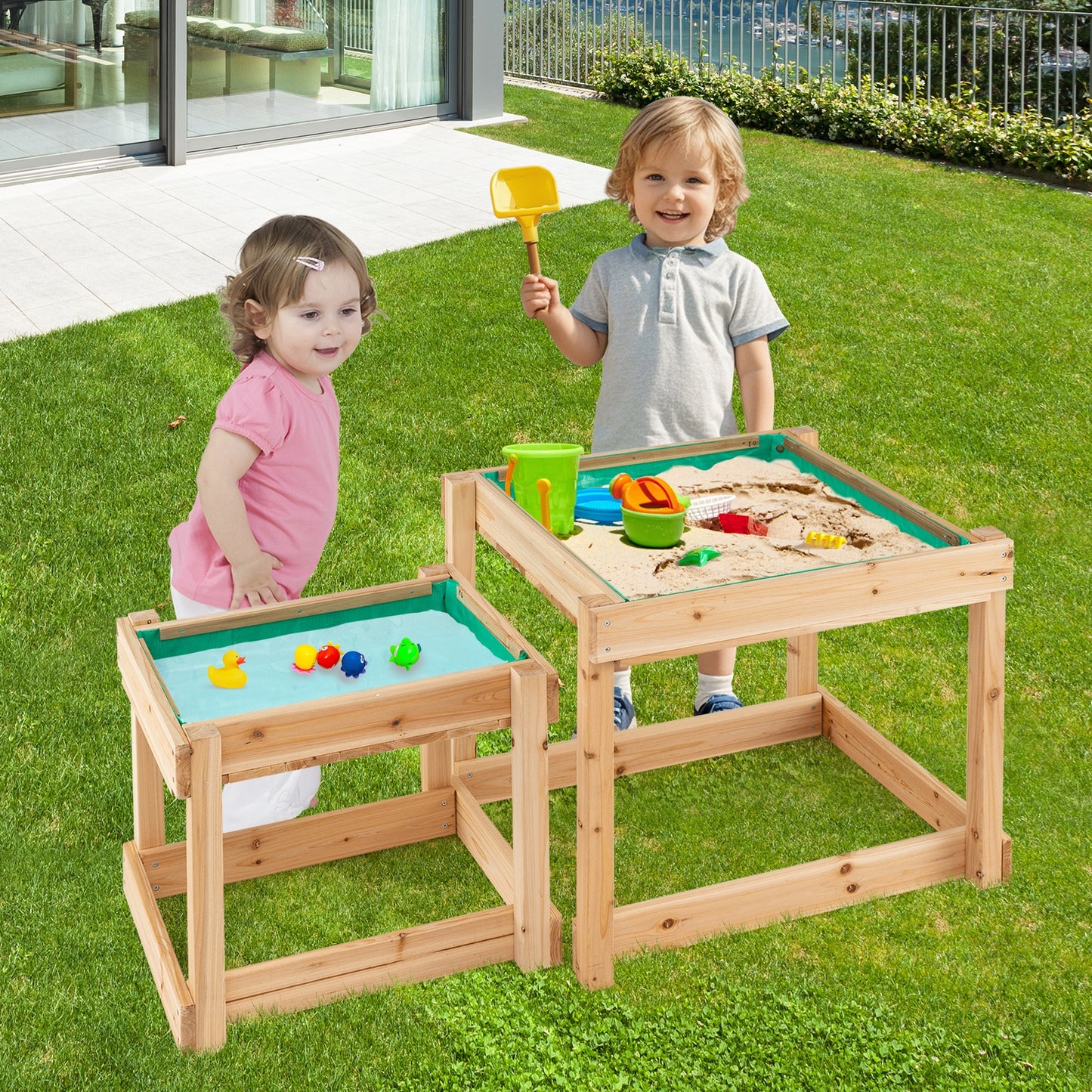 Wooden Sand and Water Tables with Protective Cover for Kids-Natural Kids Crystal