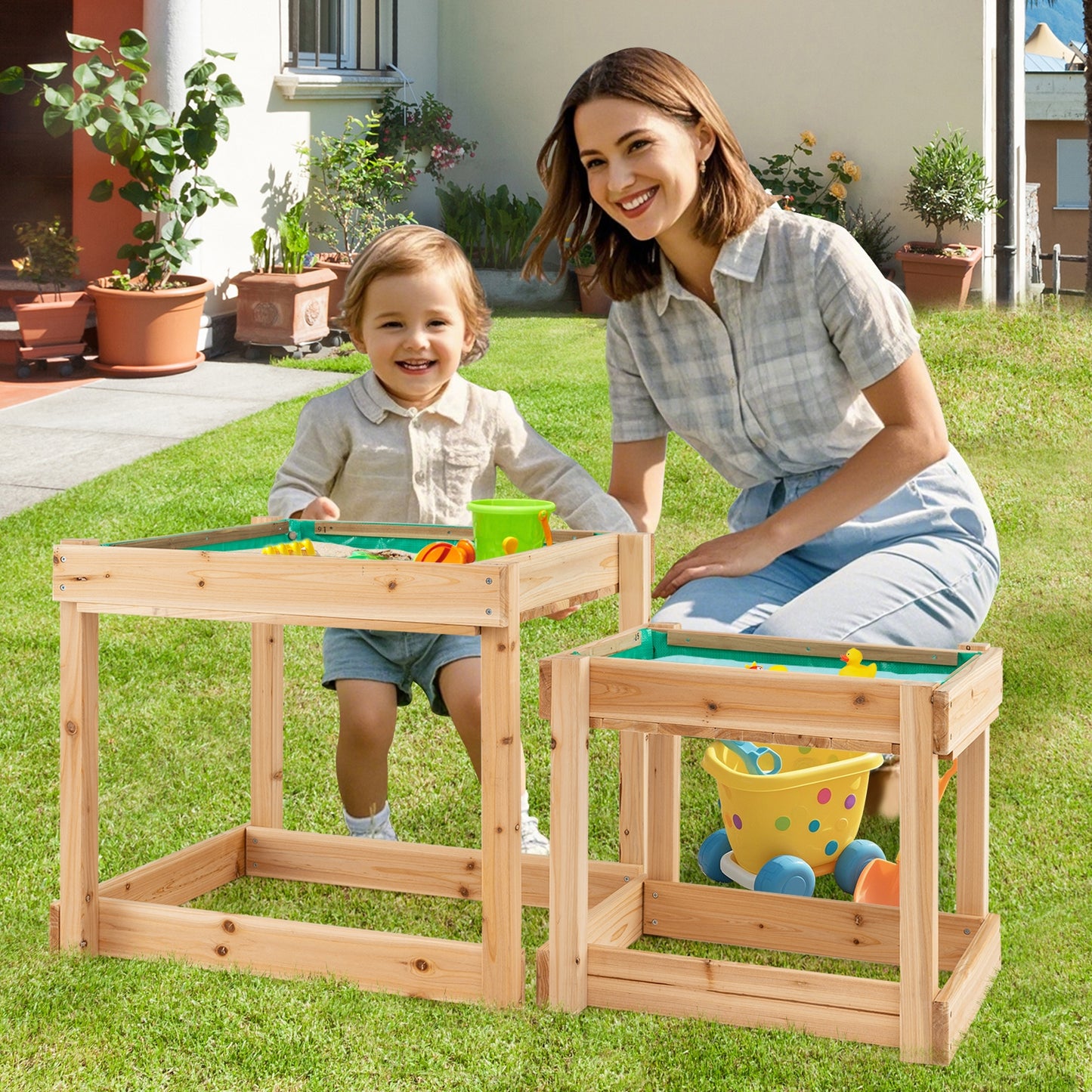 Wooden Sand and Water Tables with Protective Cover for Kids-Natural Kids Crystal