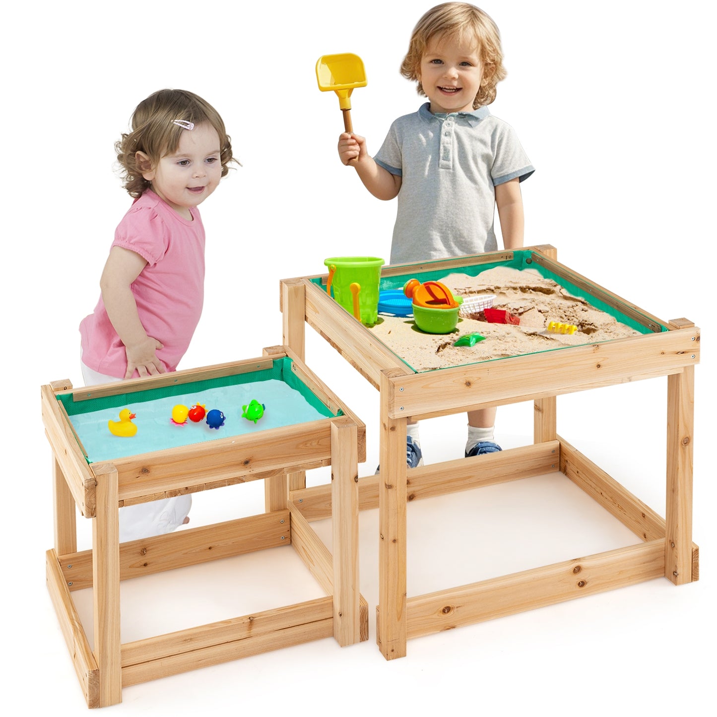 Wooden Sand and Water Tables with Protective Cover for Kids-Natural Kids Crystal