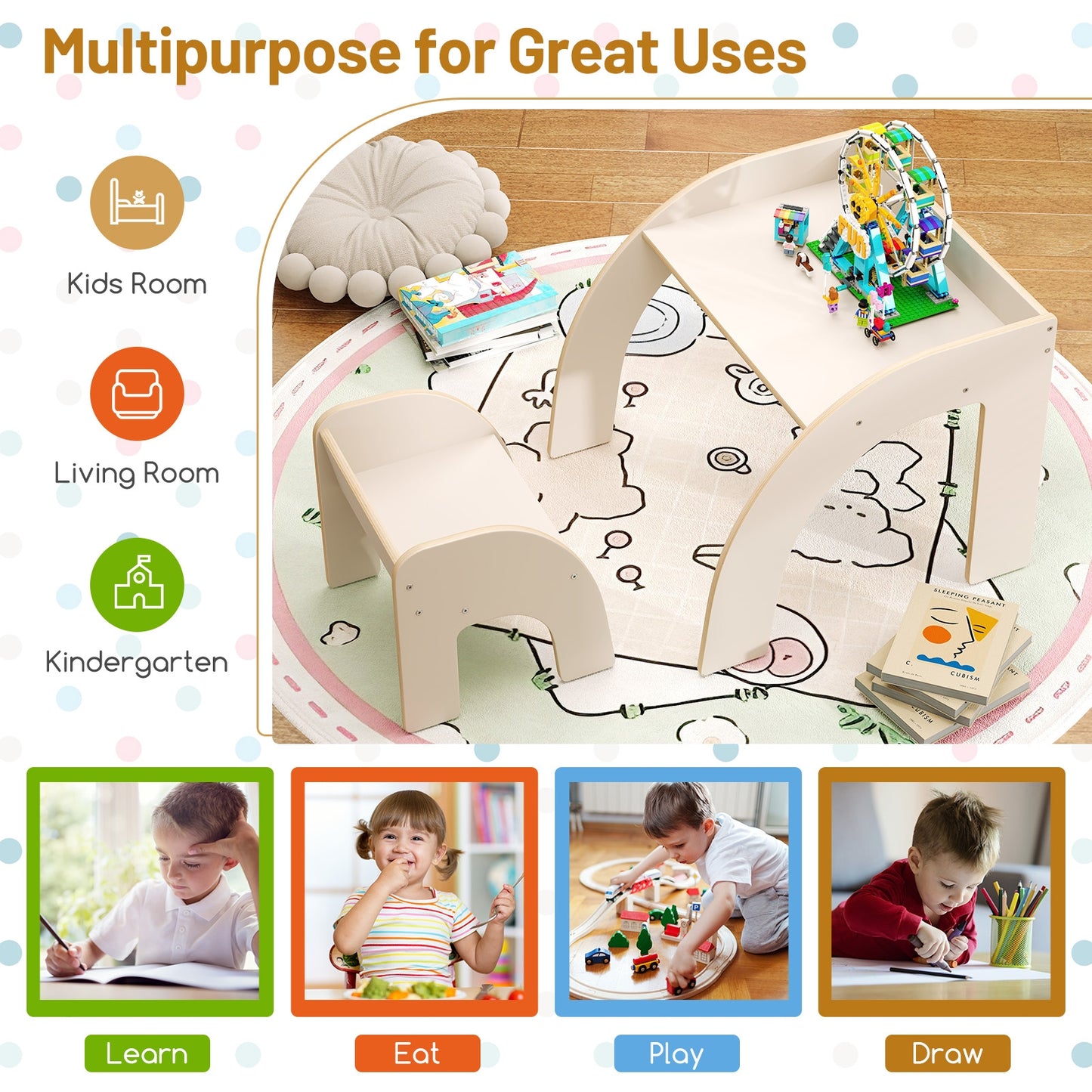 Kids Table and Chair Set with Wide Tabletop and Curved Edges for Kids Room-White Kids Crystal