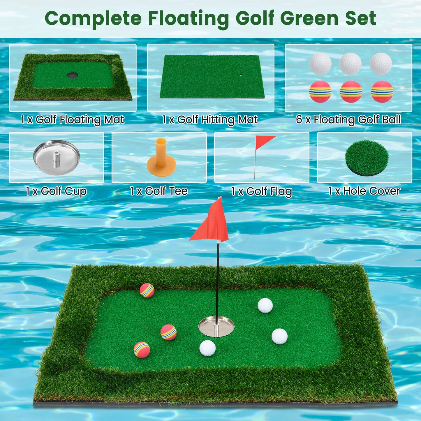 Floating Golf Green for Pool with 6 Golf Balls and Golf Flag Kids Crystal