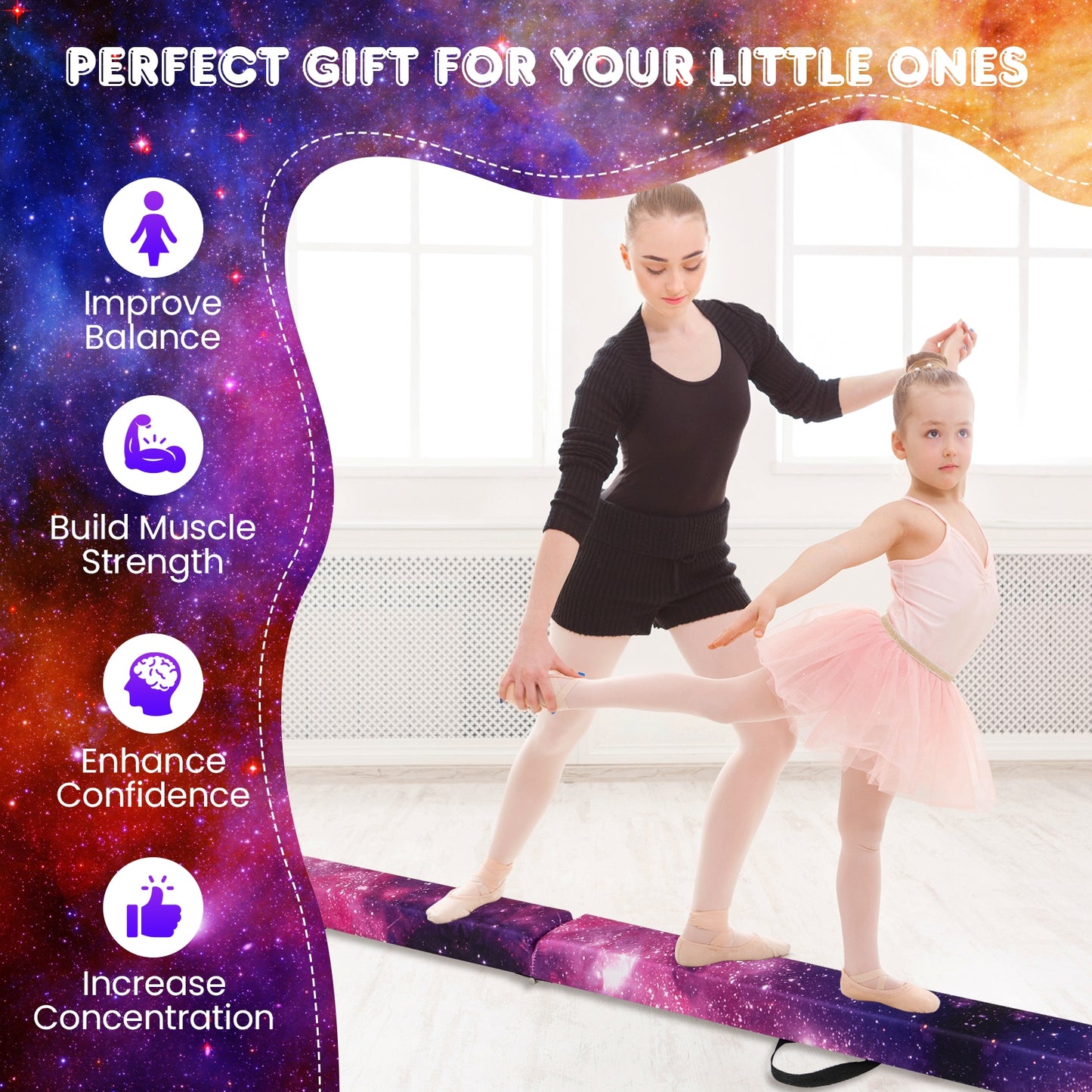 Folding Balance Beam with Solid Wood Base and Anti-slip Bottom-Pink Kids Crystal