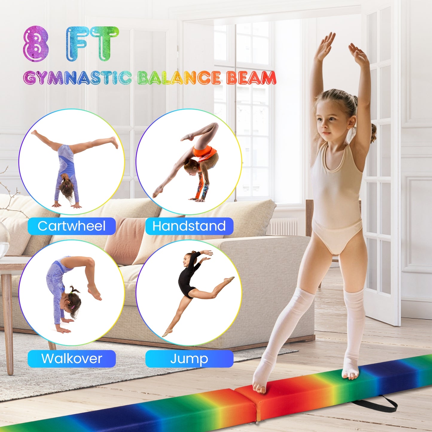 Folding Balance Beam with Solid Wood Base and Anti-slip Bottom-Multicolor Kids Crystal